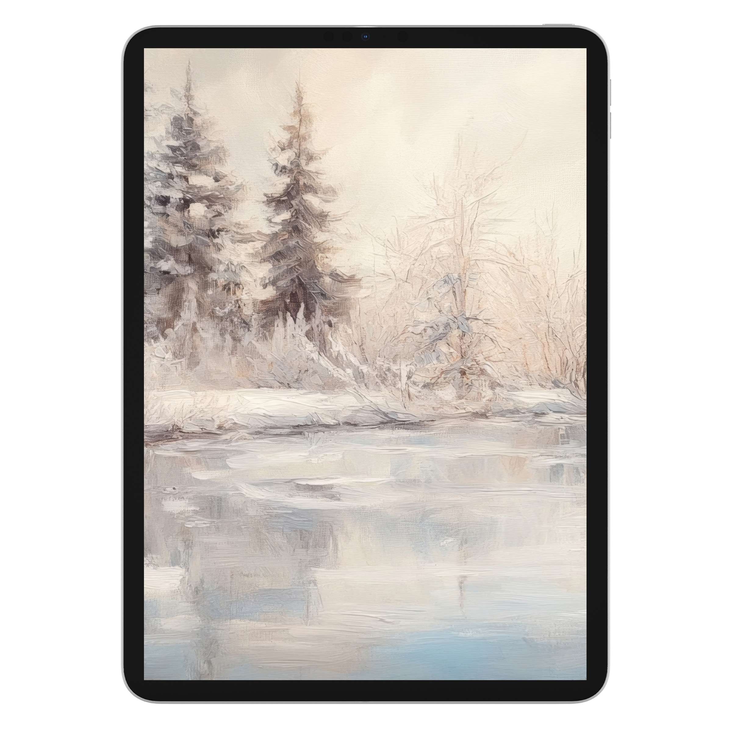 Elegantly serene winter iPad wallpaper depicting a snowy landscape with soft hues and textures, ideal tablet background for digital download