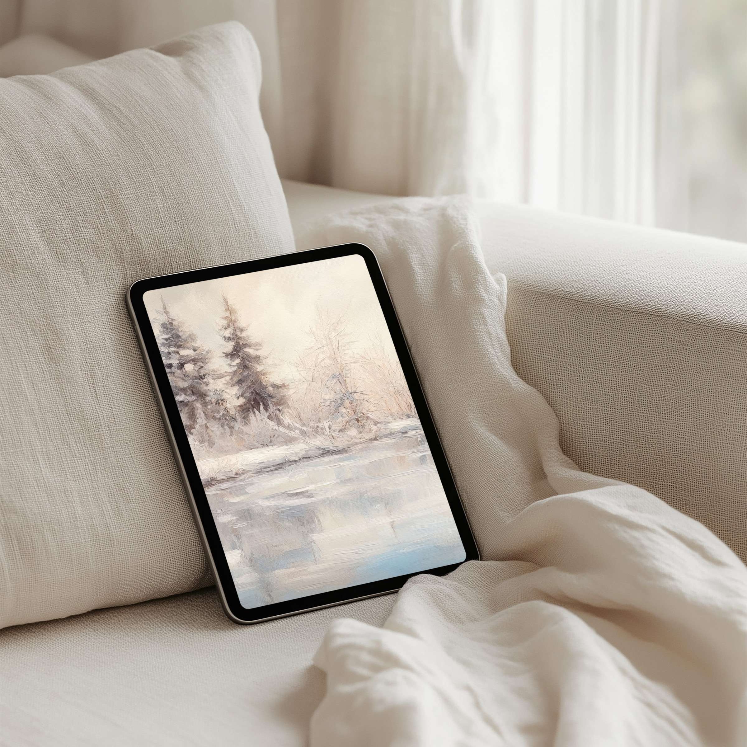 Elegant watercolor winter scene iPad background for instant download evokes calm and inspiration on your tablet device