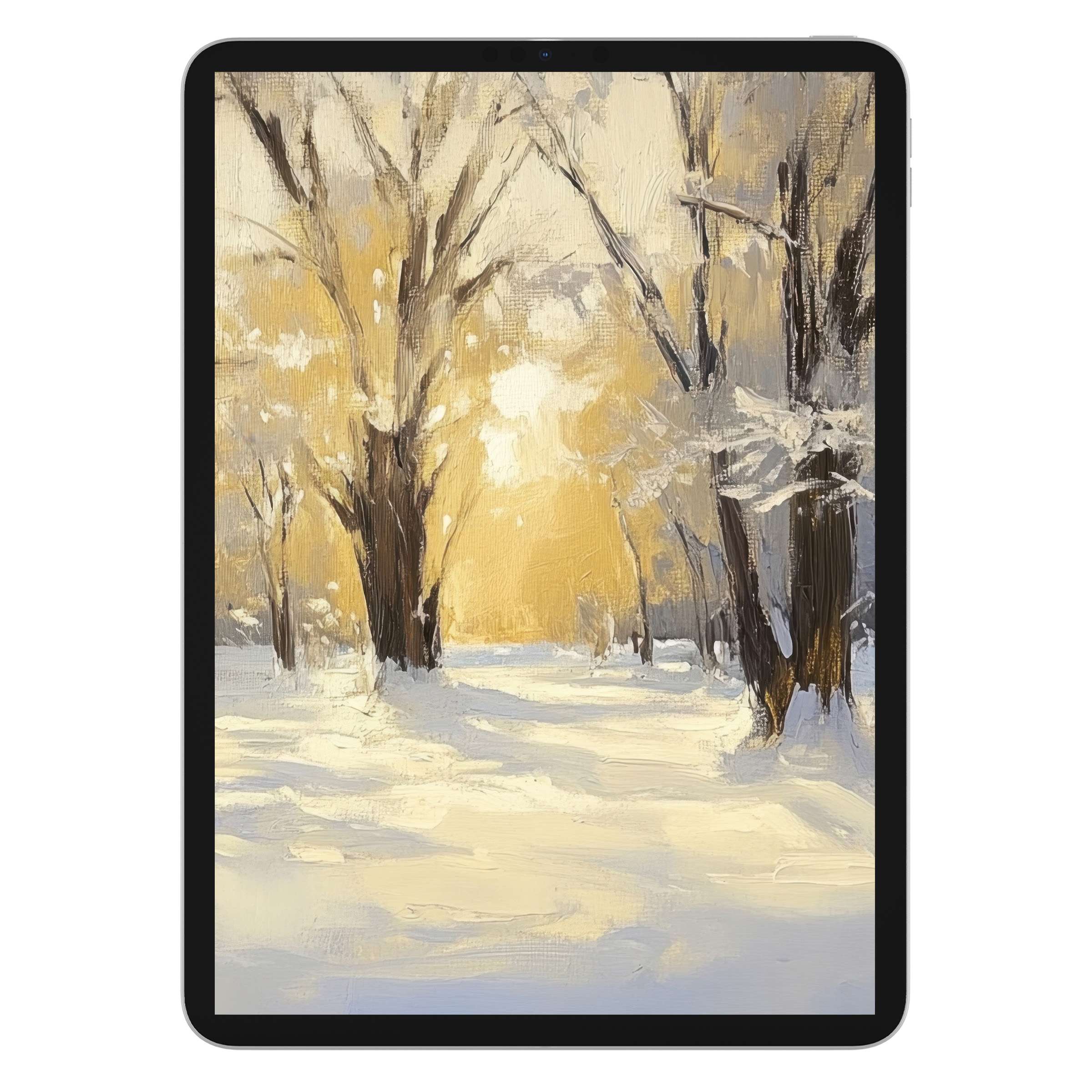 Winter iPad wallpaper features a warm, golden forest scene ideal as a calming digital download for tablet backgrounds