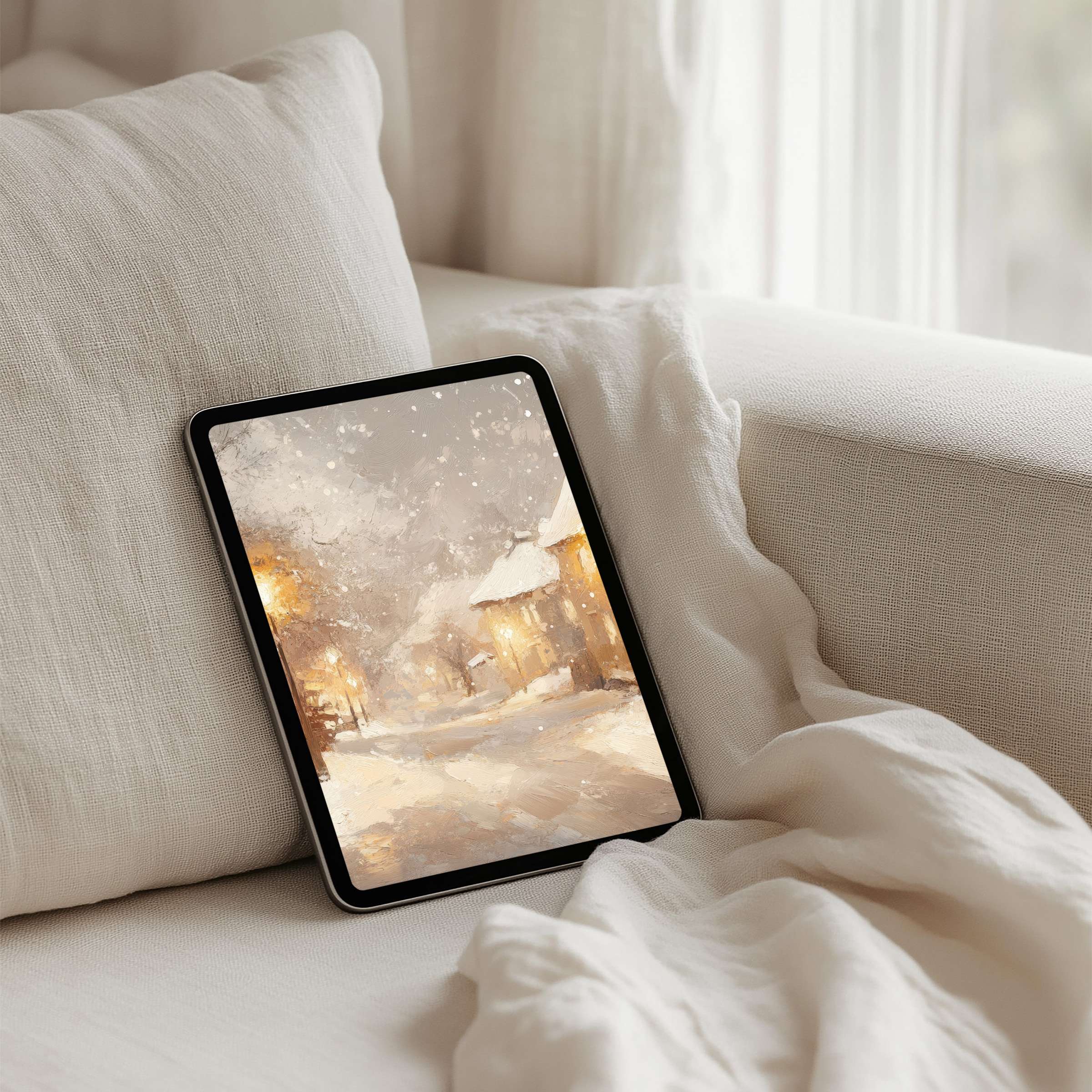 Calming snowy village iPad background offers instant download for any tablet inspiring elegance and mindfulness in serene white interior
