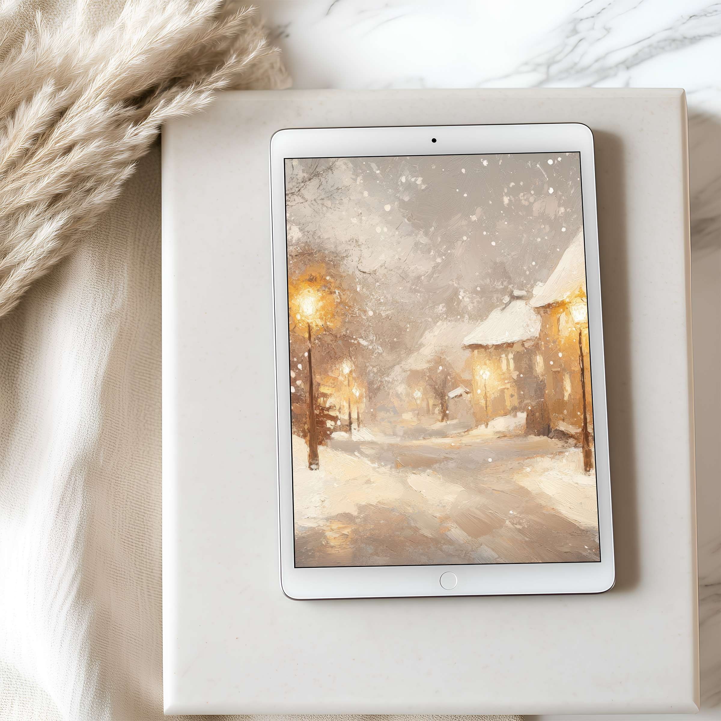 Snowy village scene tablet wallpaper exudes elegance with warm tones, suitable for iPad and Android tablets, offering digital tranquility