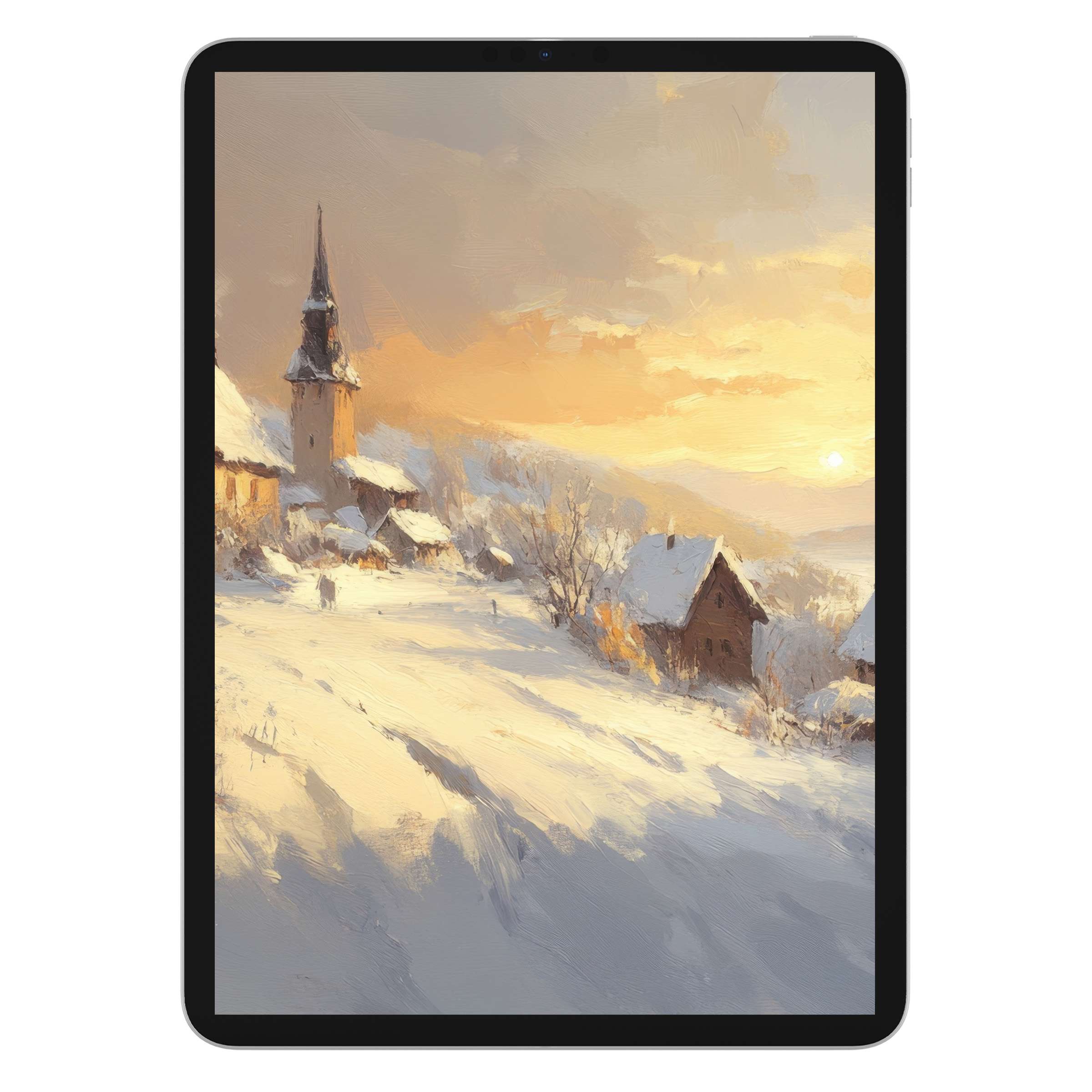 Winter iPad wallpaper featuring a serene snowy village at sunset as a calming tablet background for digital download and sustainability