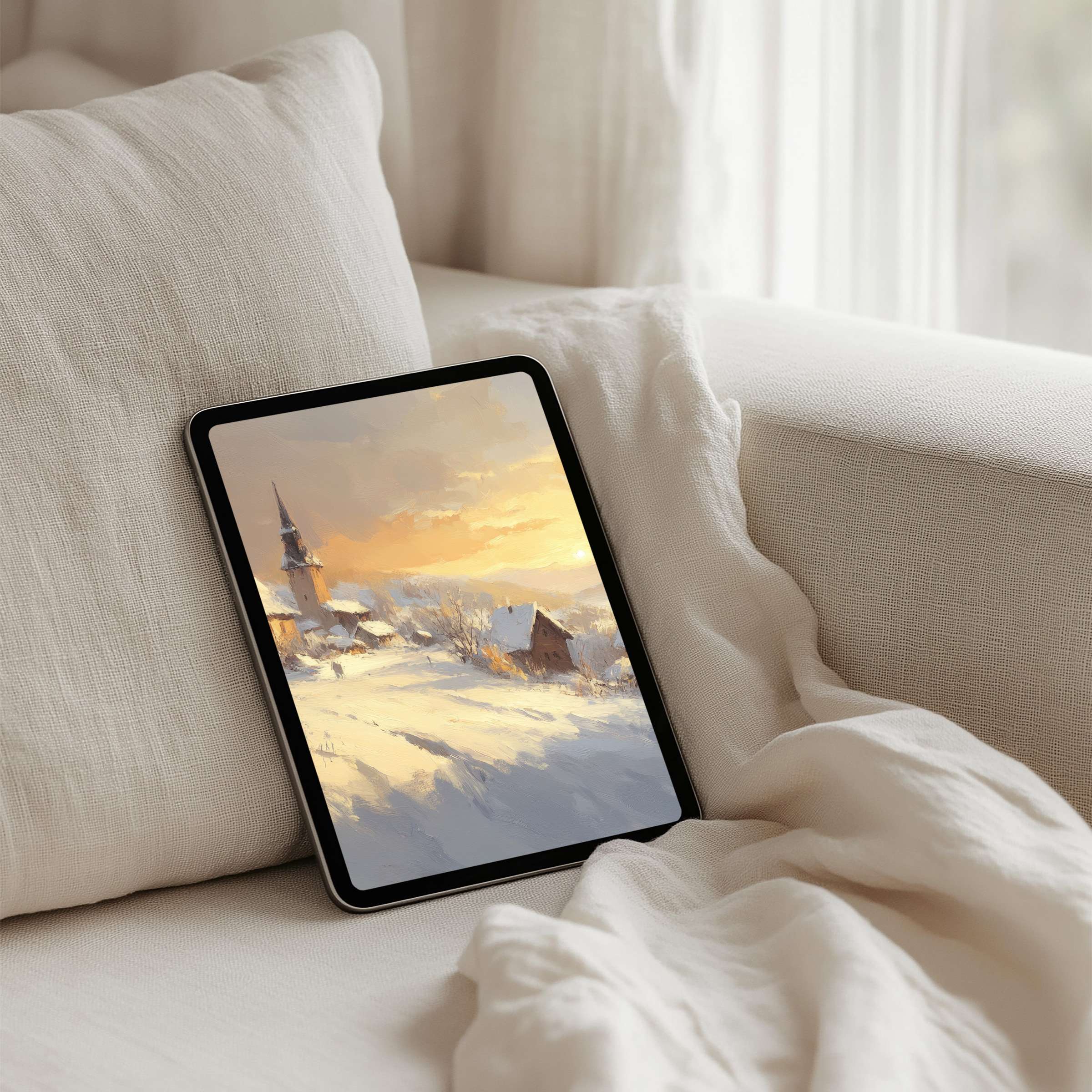 Serene snowy landscape iPad background with soft hues evokes calm and inspiration for tablets, offering instant download for mindfulness