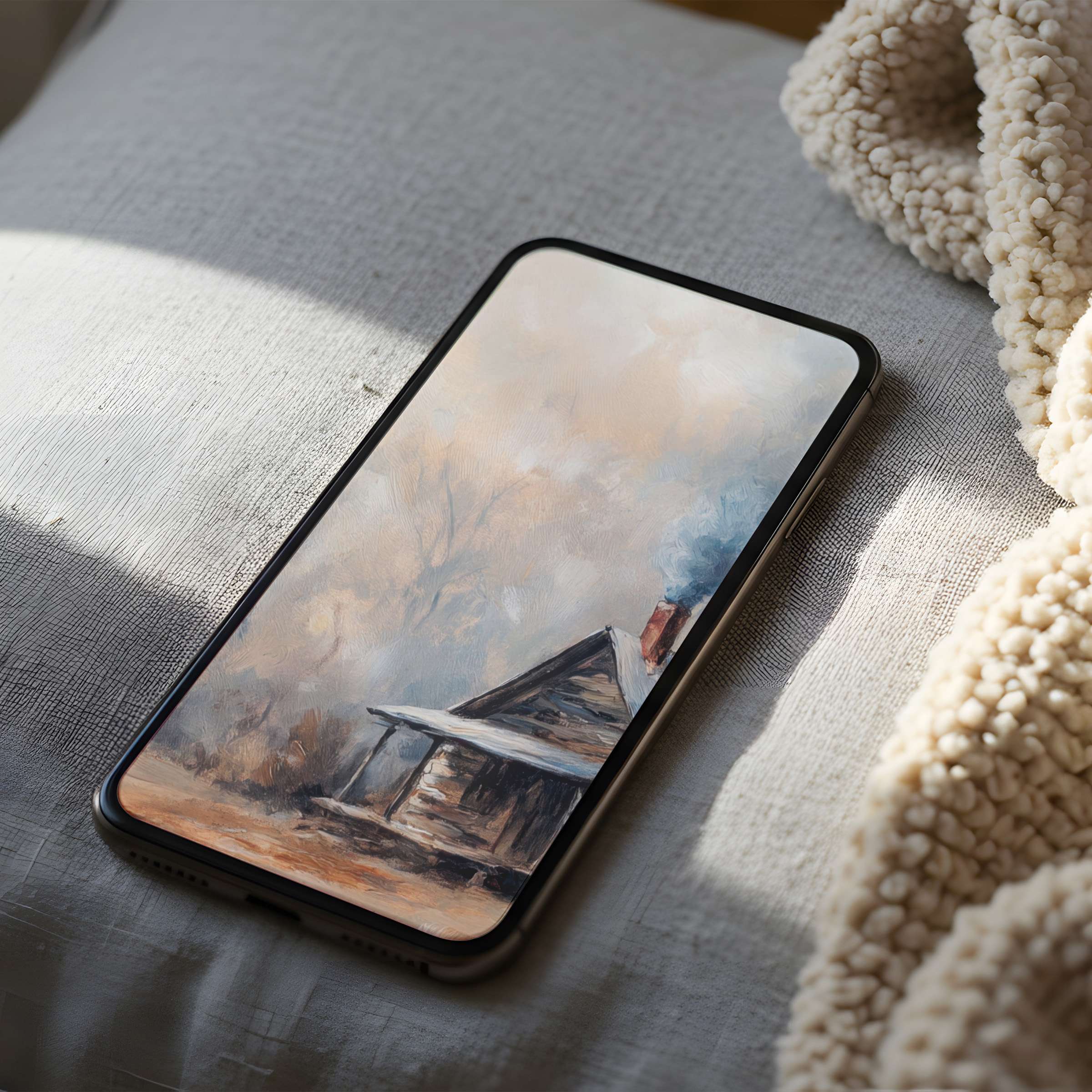 Elegant phone wallpaper featuring a serene cabin scene; high resolution digital download perfect for iPhone and Android users seeking tranquility
