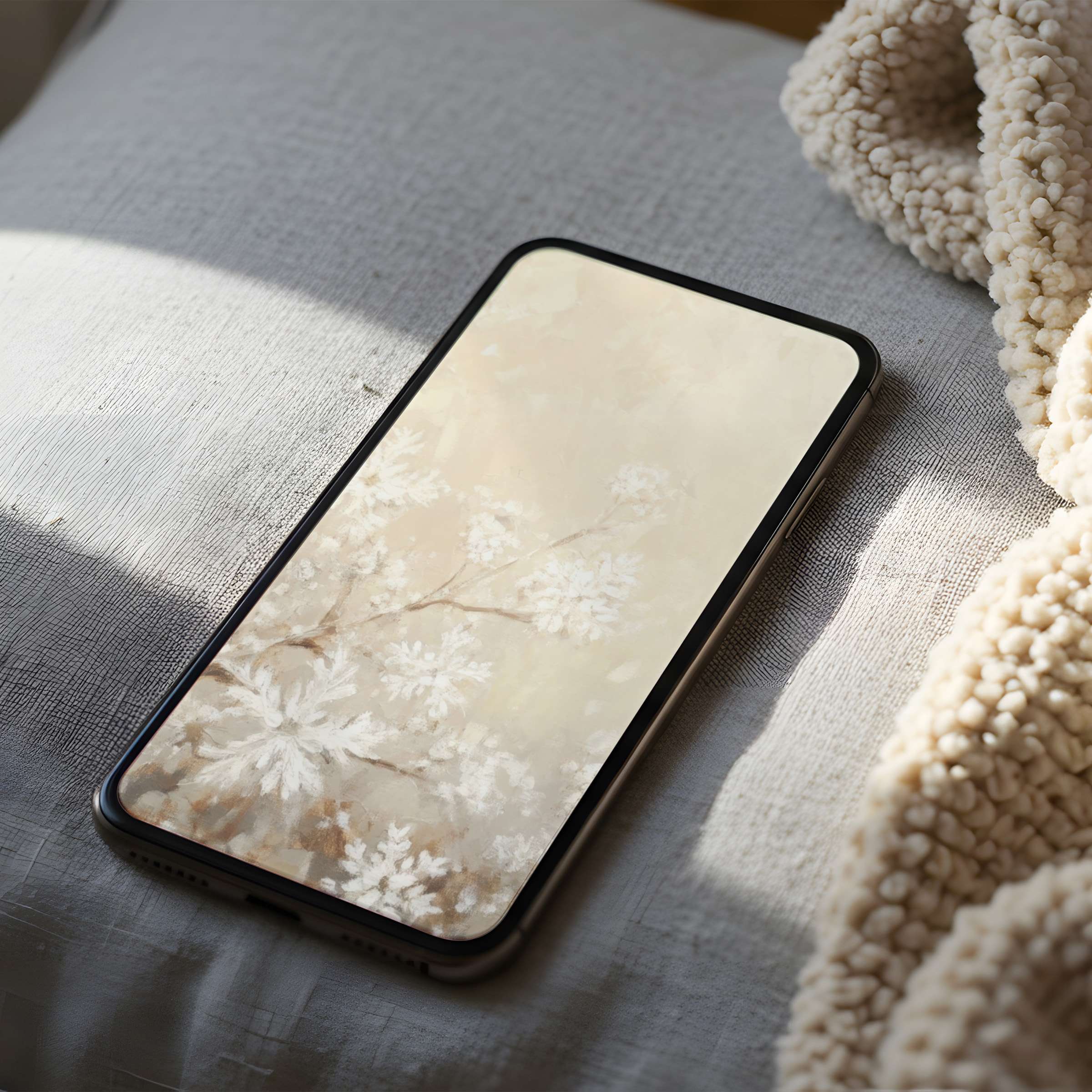 Elegant phone wallpaper with delicate white floral motif, perfect for iPhone or Android download, enhancing your digital ambiance