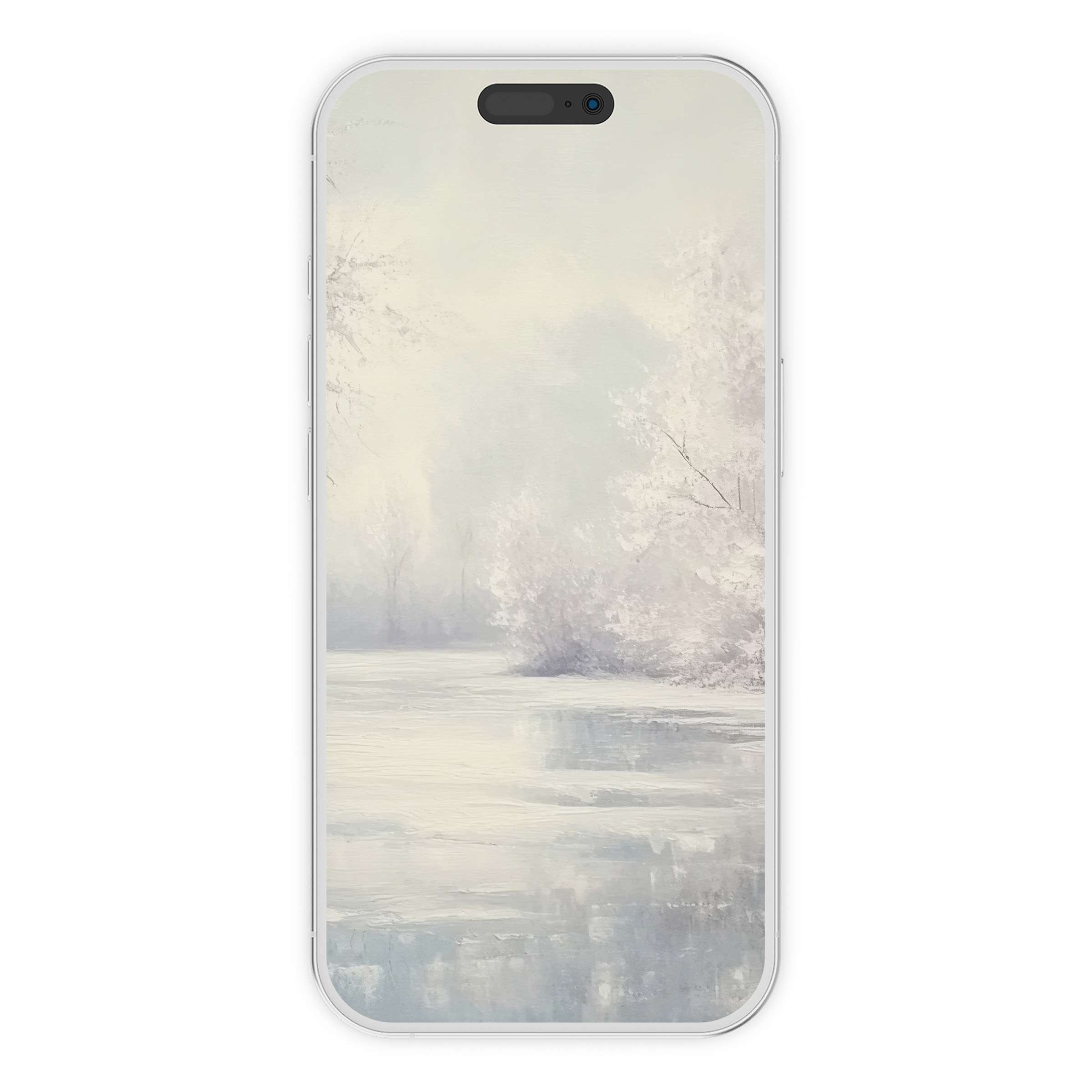 Serene winter iPhone wallpaper in pastel hues with a snowy landscape offers a calming digital download for phone backgrounds