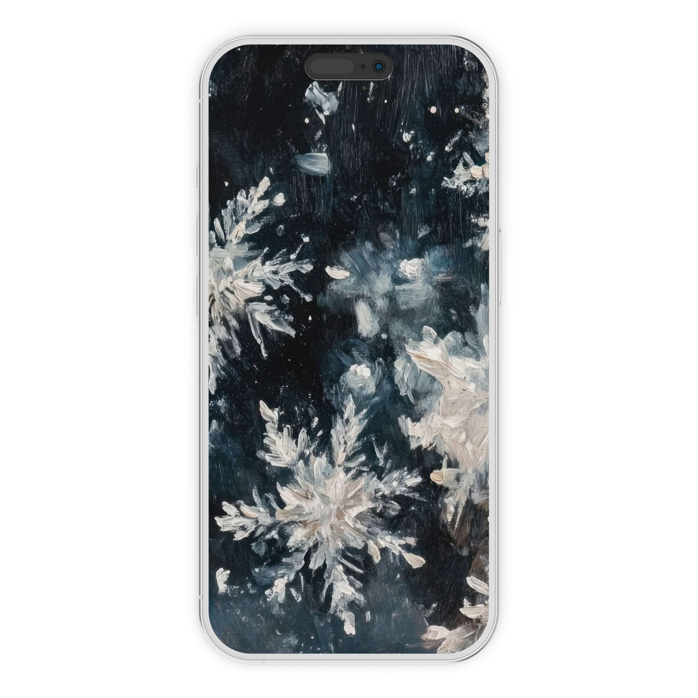 Elegant winter iPhone wallpaper features delicate snowflakes on a dark textured phone background perfect for digital download serenity