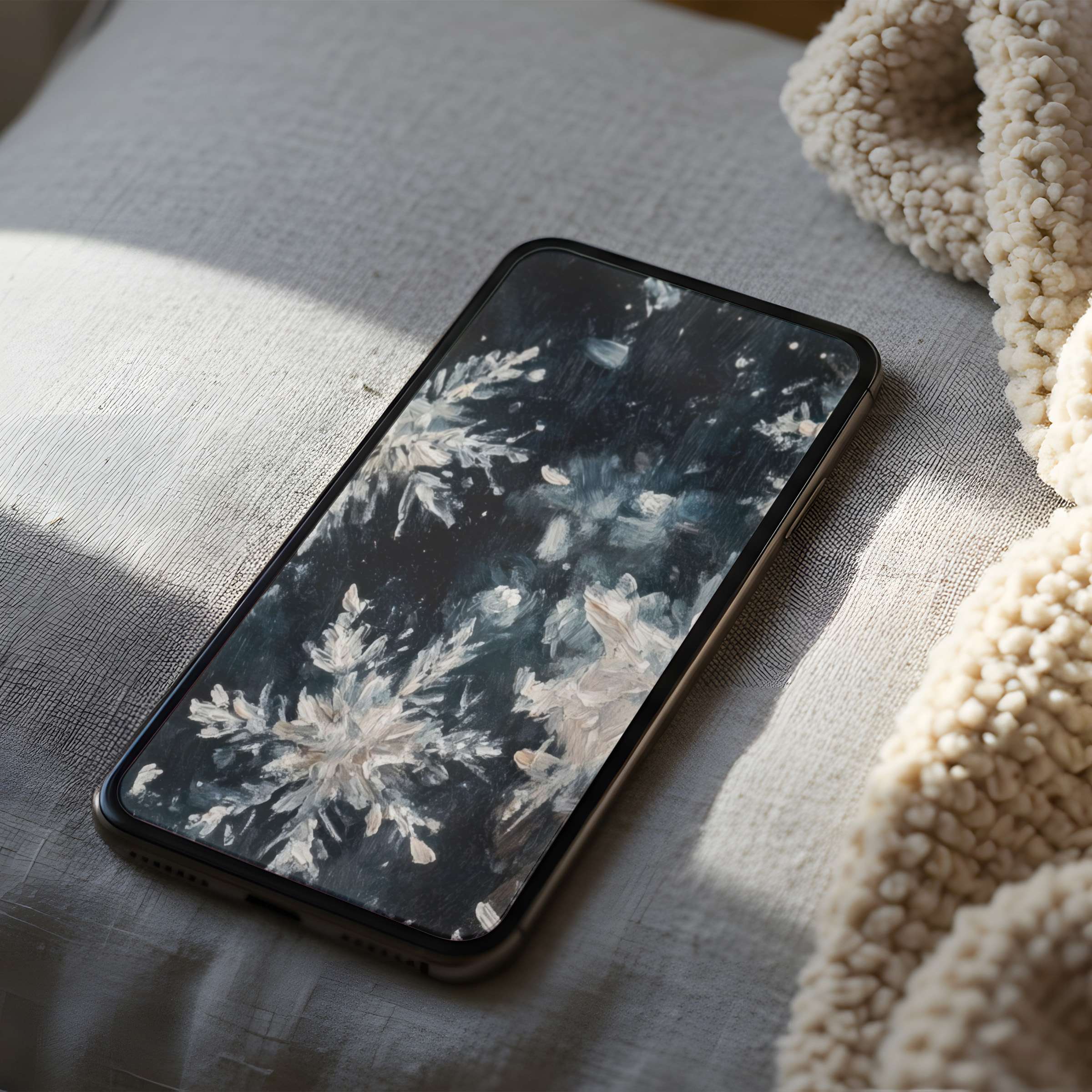 Elegant phone wallpaper featuring delicate snowflake motifs in serene hues, ideal as a high resolution download for iPhone or Android phones