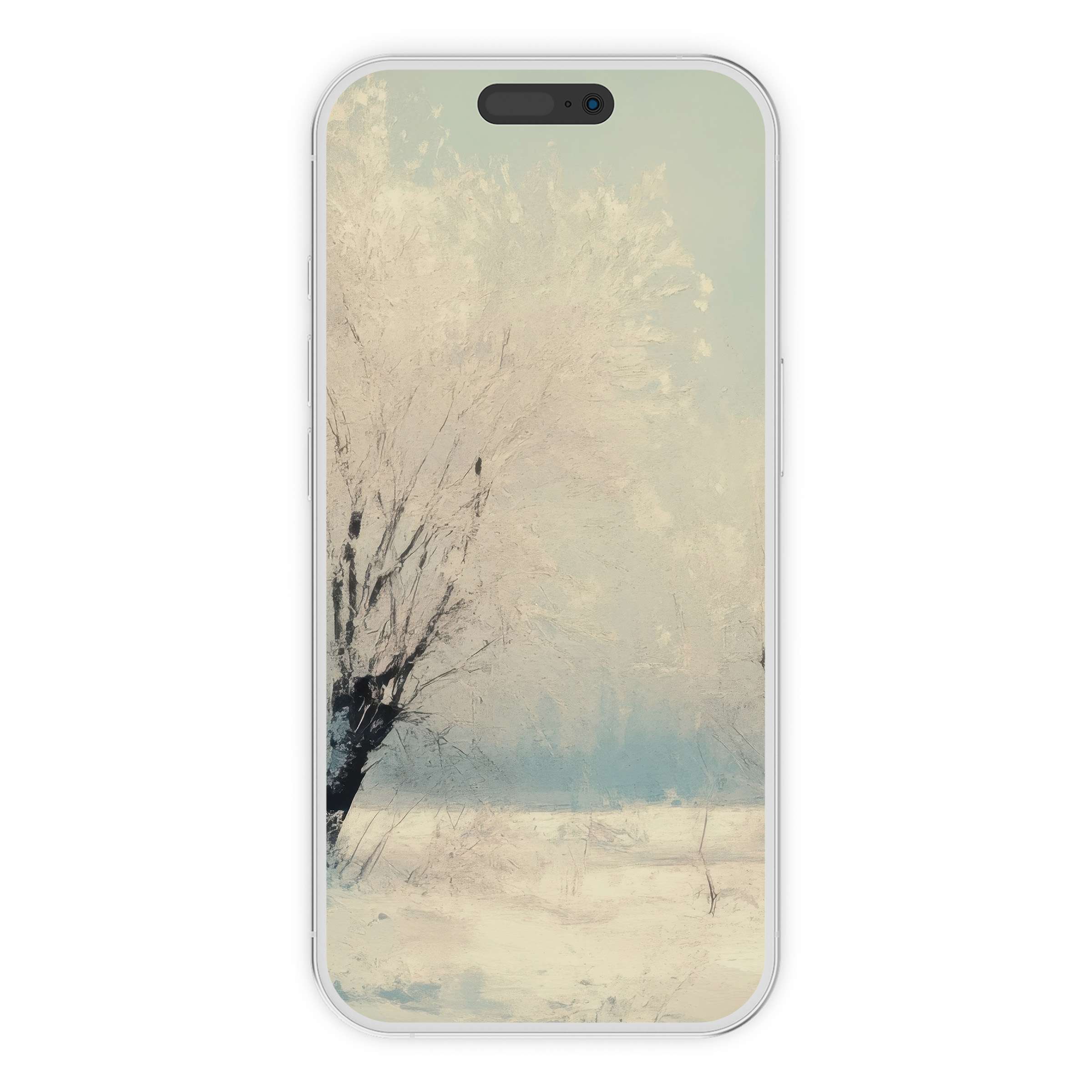 Elegant winter iPhone wallpaper featuring serene snowy trees and soft pastel hues, ideal digital download for phone background styling