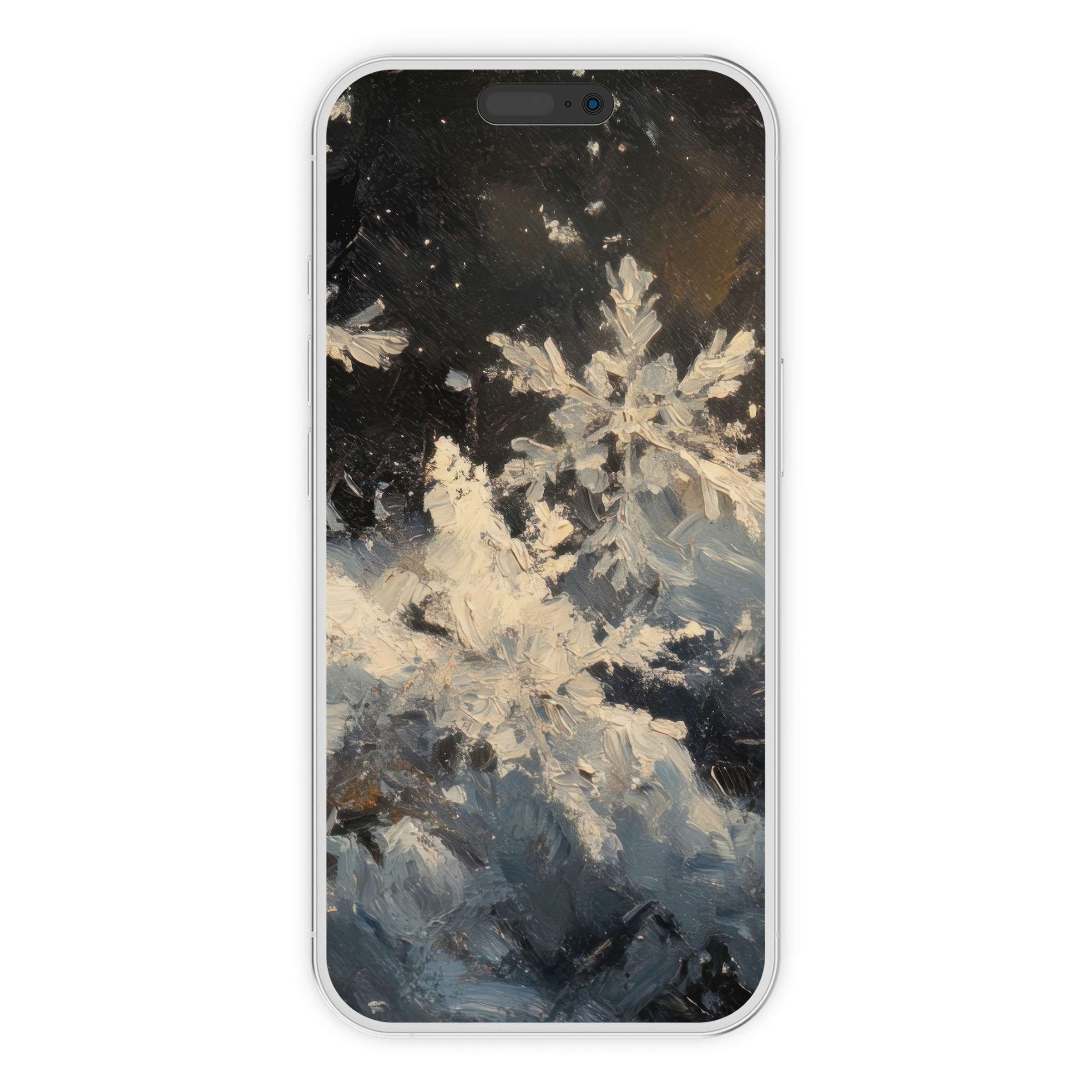 Elegant winter iPhone wallpaper with delicate snowflakes in soft blues and whites digital download perfect phone background