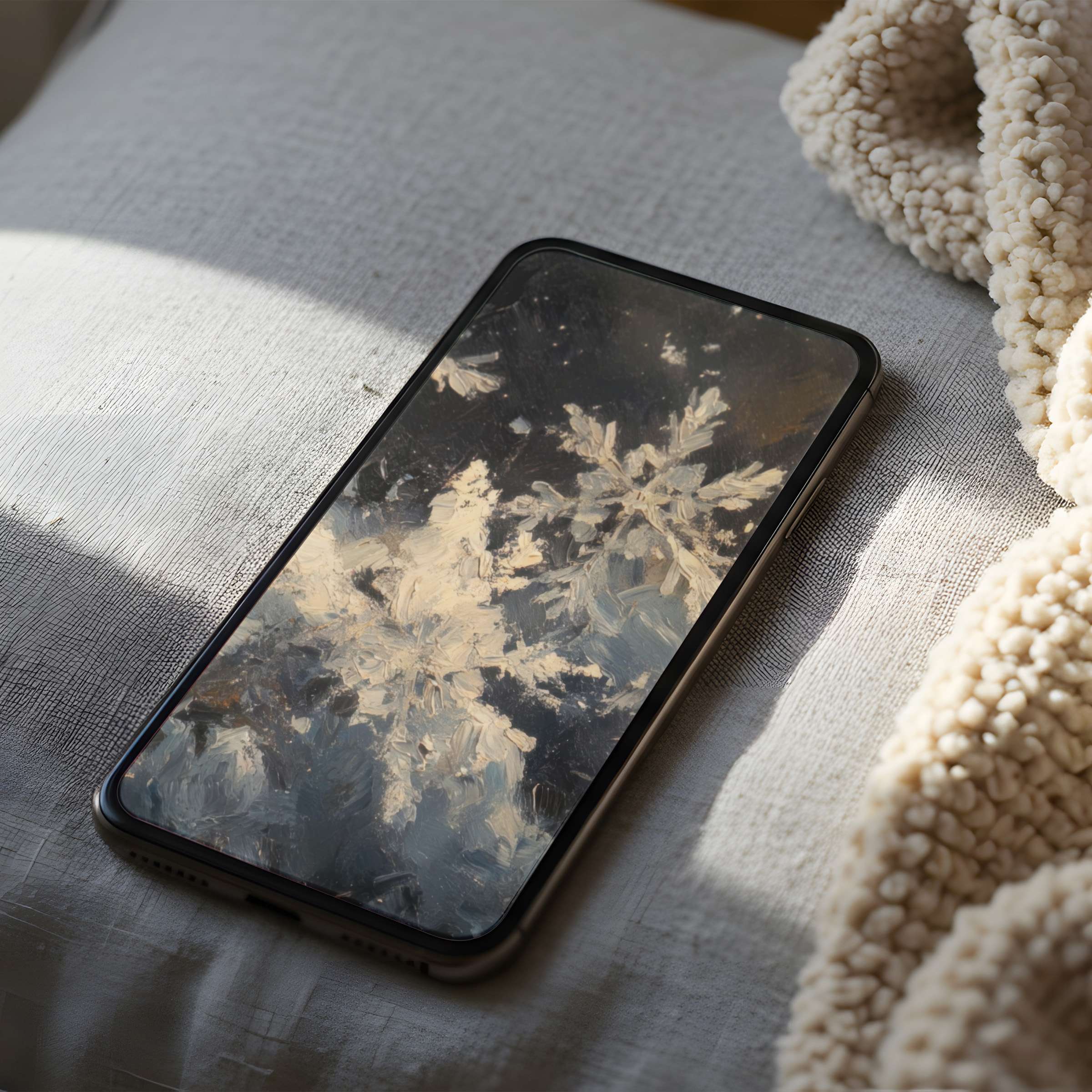 Snowflake pattern phone wallpaper on display in serene setting combines elegance with calm, offering high resolution for all devices