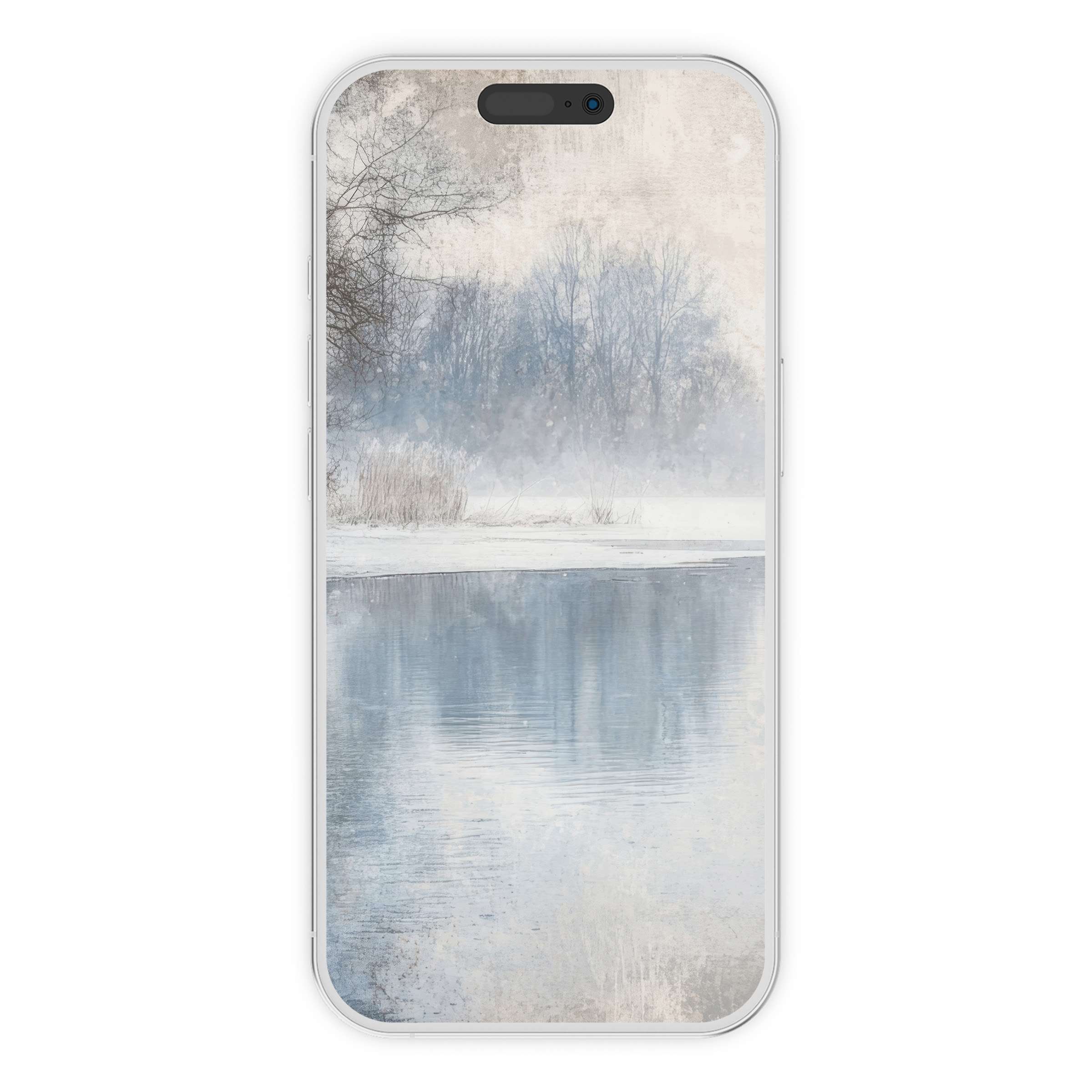 Serene winter iPhone wallpaper with ethereal landscape art in blue and white tones perfect phone background digital download
