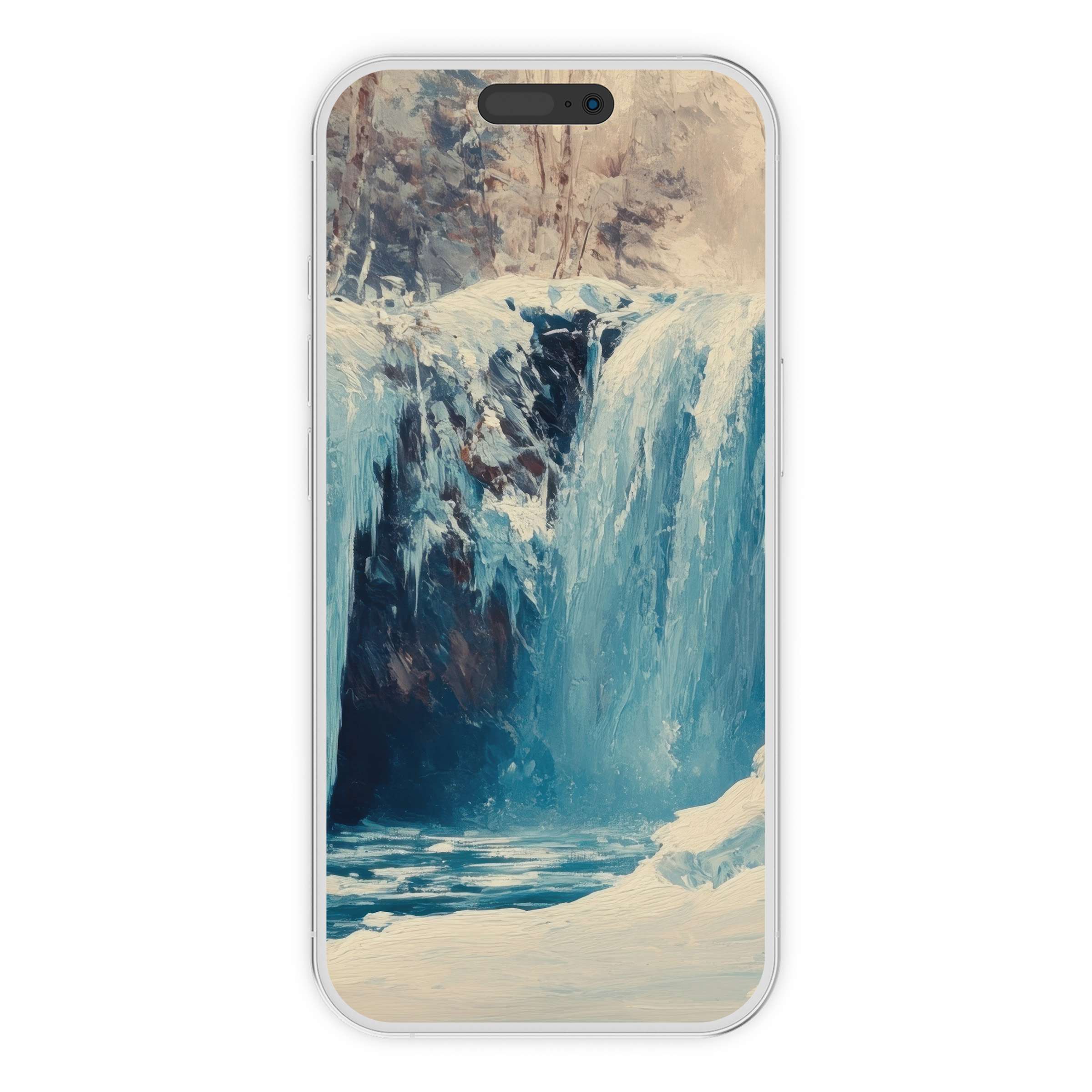 Elegant winter iPhone wallpaper featuring a serene waterfall in soothing blue tones perfect for phone backgrounds digital download