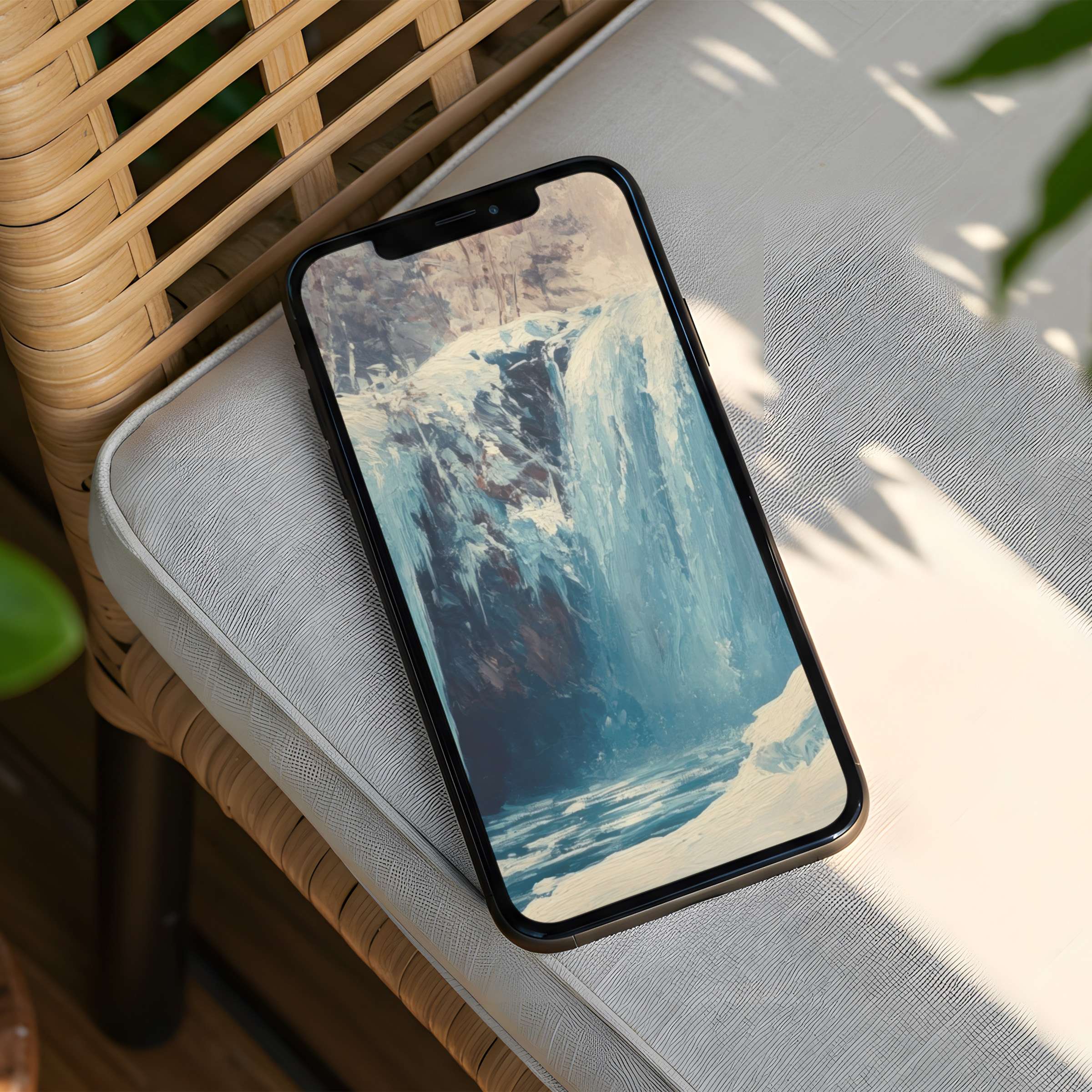 Elegant iPhone background featuring a serene waterfall painting, perfect for instant download to inspire calm and mindfulness on any phone