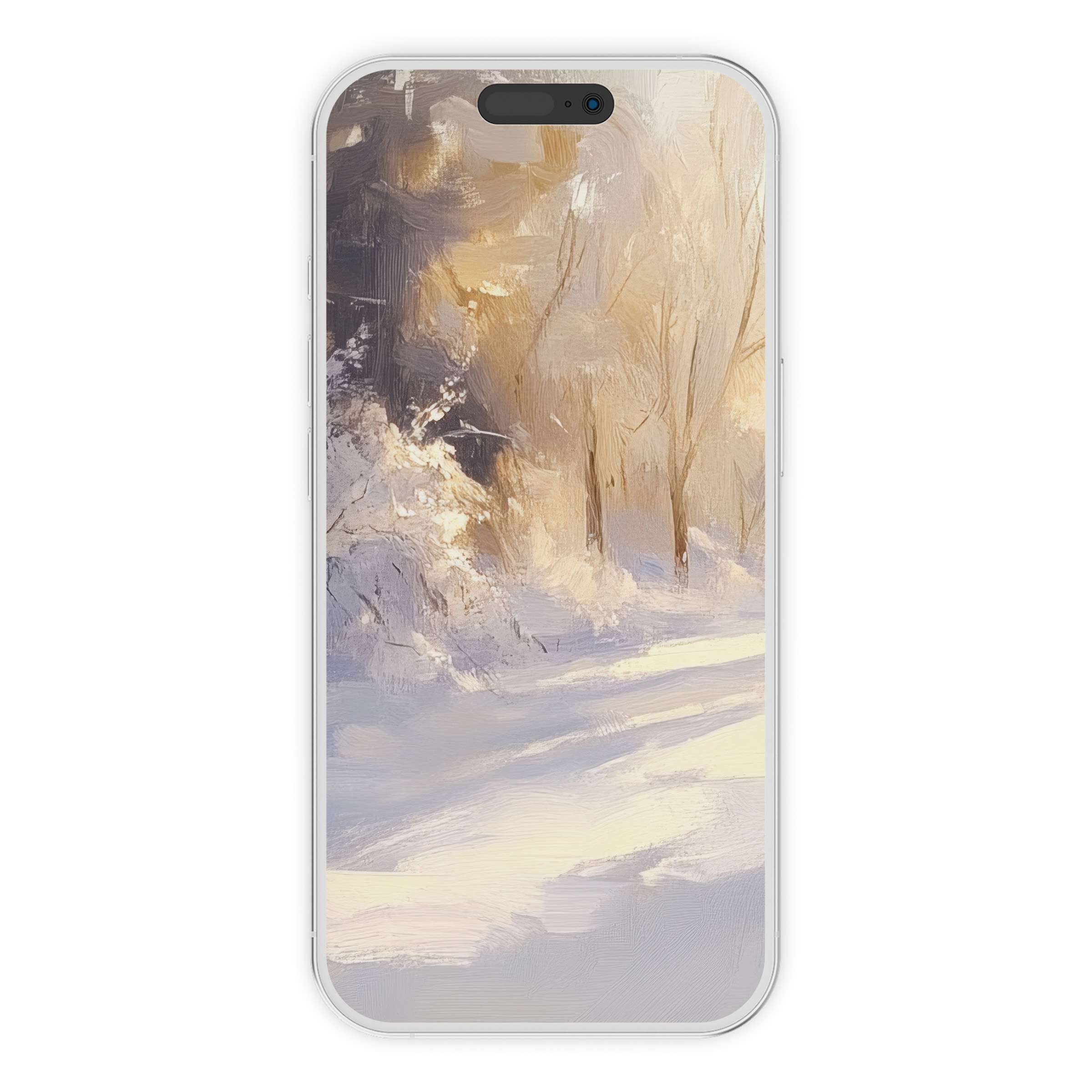 Winter iPhone wallpaper digital download: elegant snowy forest path, soft hues, serene phone background suitable for all devices