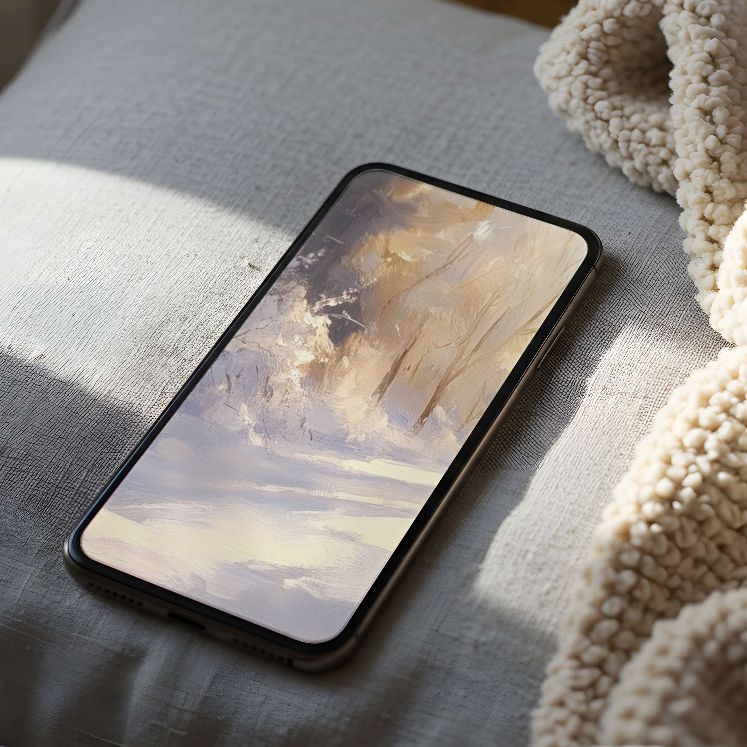 Elegant abstract phone wallpaper in soft beige and cream hues on a cozy bed, perfect for high-resolution iPhone and Android screens