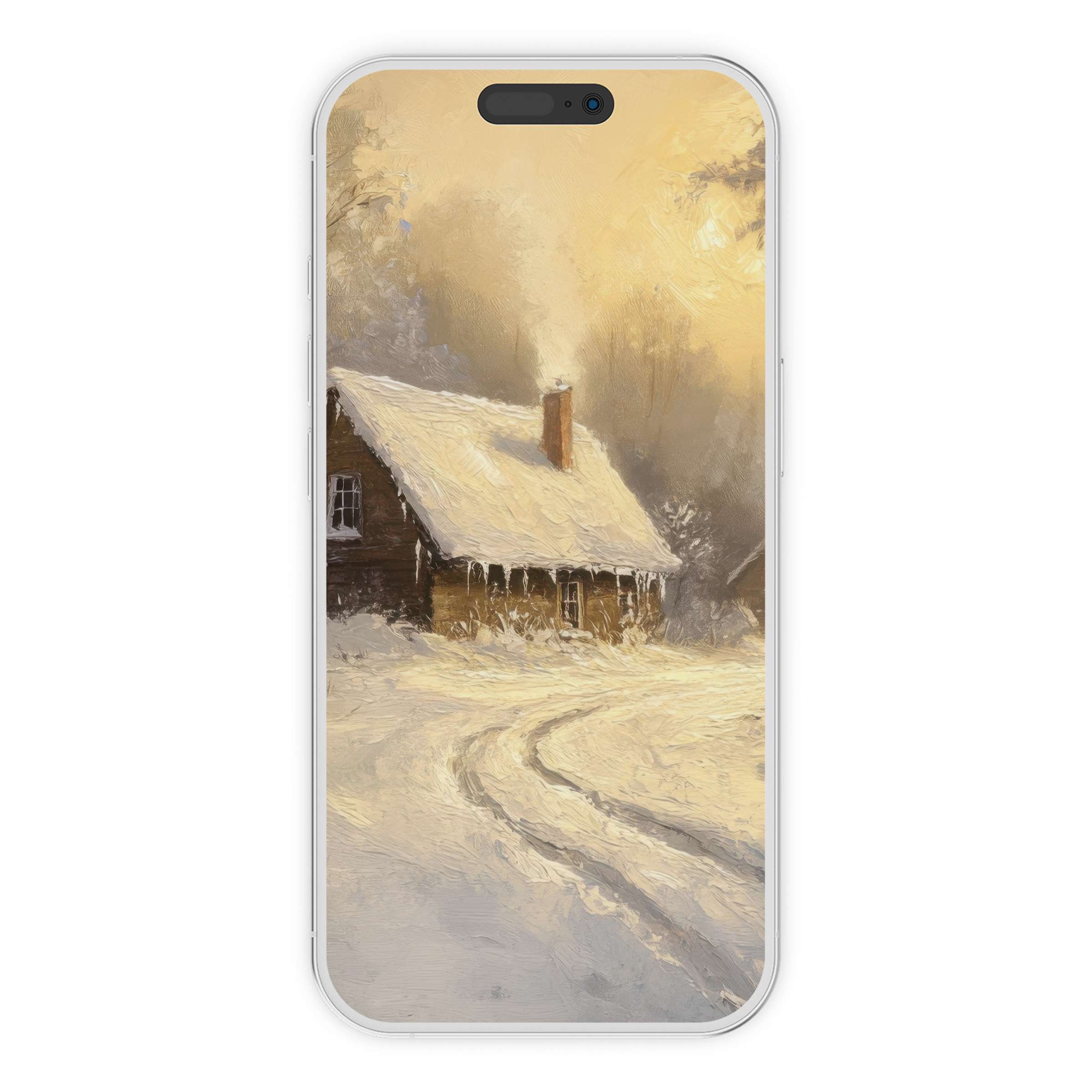 Warmth of a snow-covered cottage in this winter iPhone wallpaper, ideal for phone background digital download, serene and artistic