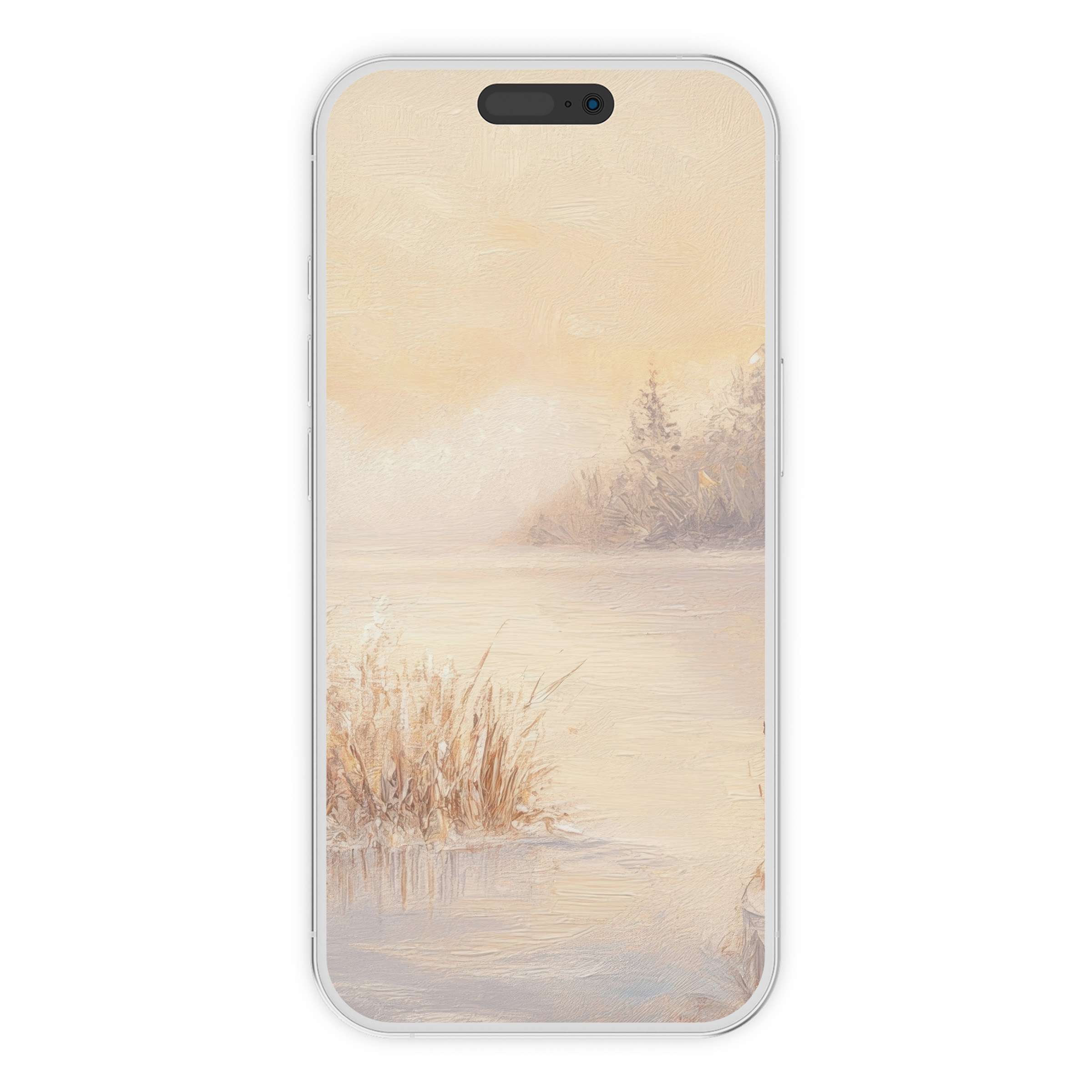 Winter iPhone wallpaper digital download with serene icy lake and muted trees, perfect phone background for Android and iPhone