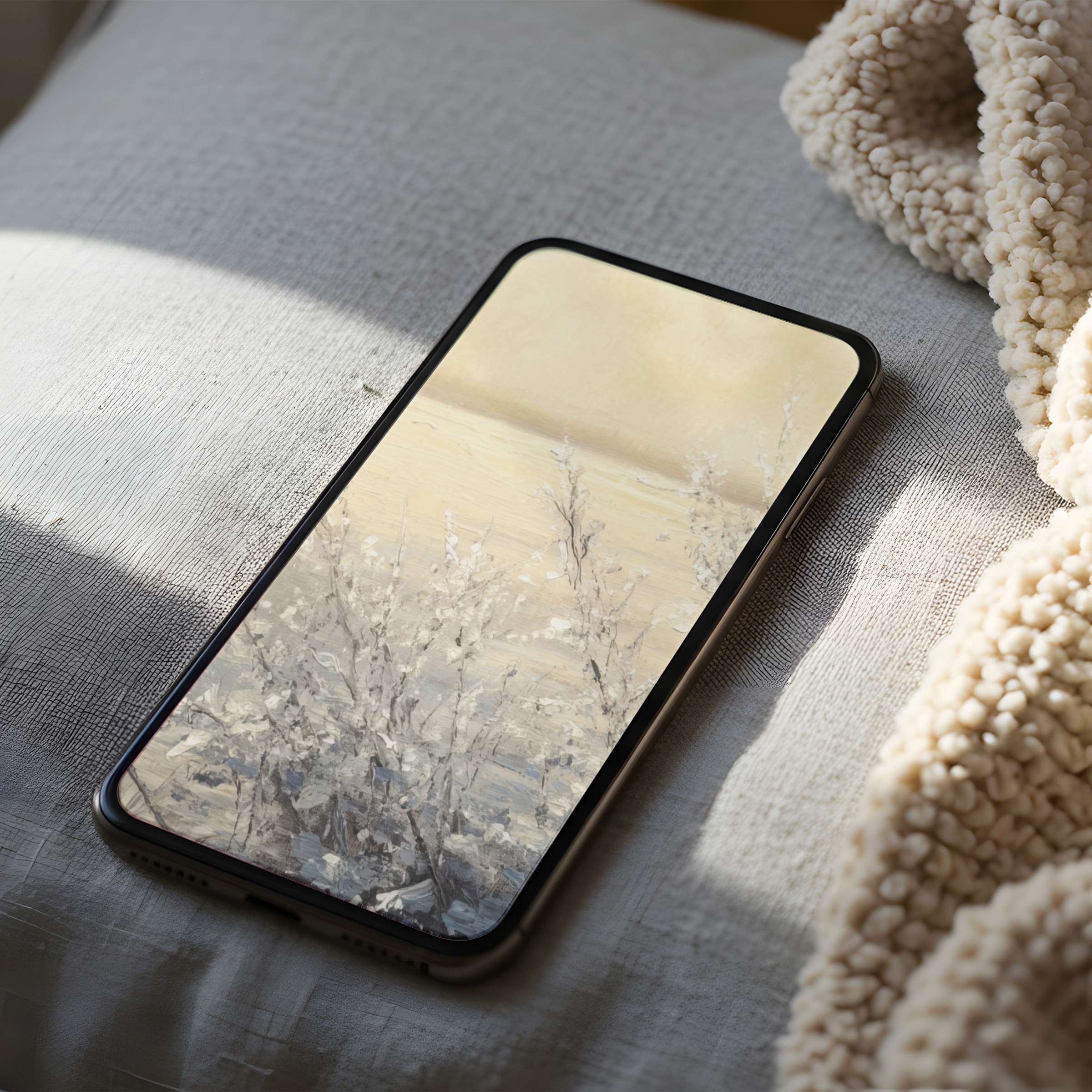 Elegant phone wallpaper showcasing serene winter scenery with delicate branches, perfect high-resolution download for iPhone and Android