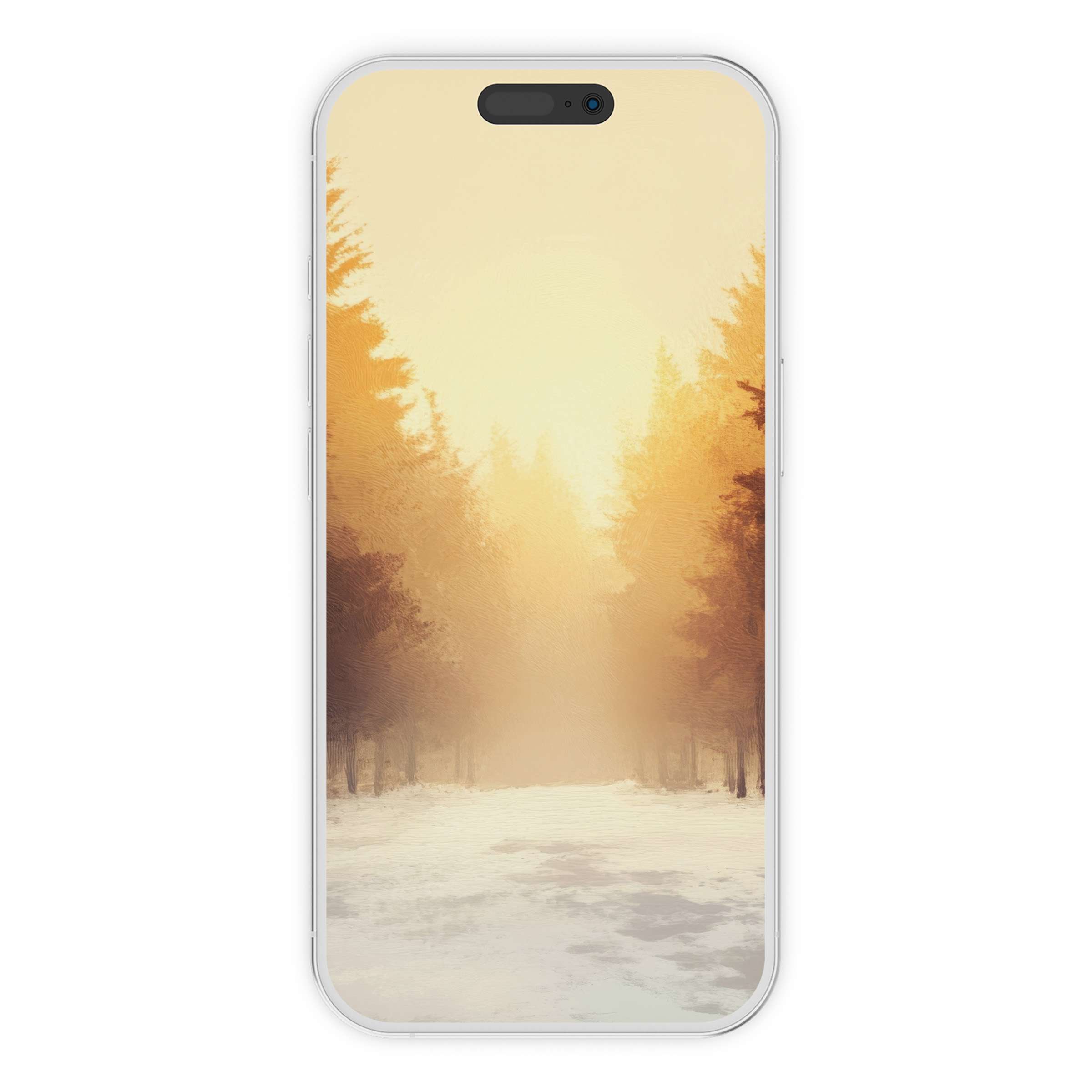 Winter iPhone wallpaper showcasing a serene snowy forest path at sunset, ideal phone background for digital download lovers