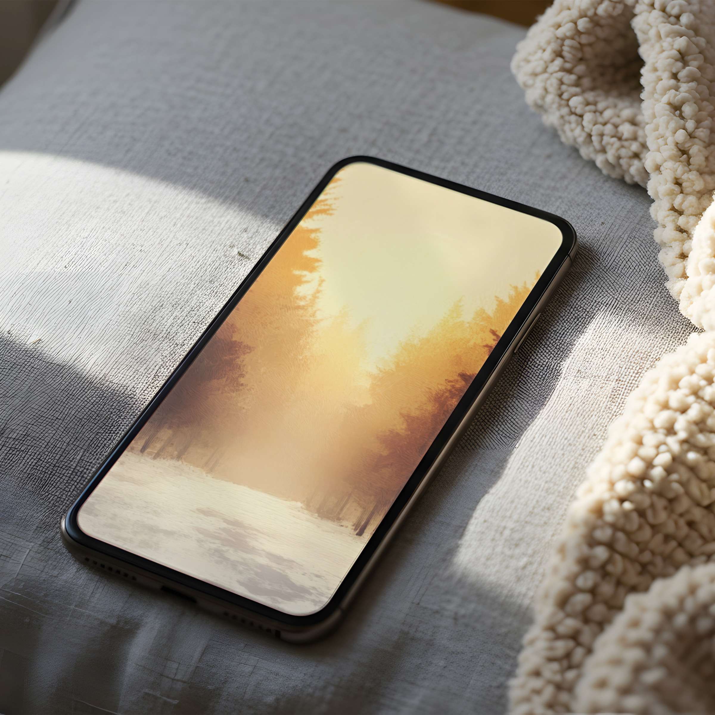 Elegant phone wallpaper featuring serene autumn forest in warm hues, ideal for iPhone and Android high resolution digital download