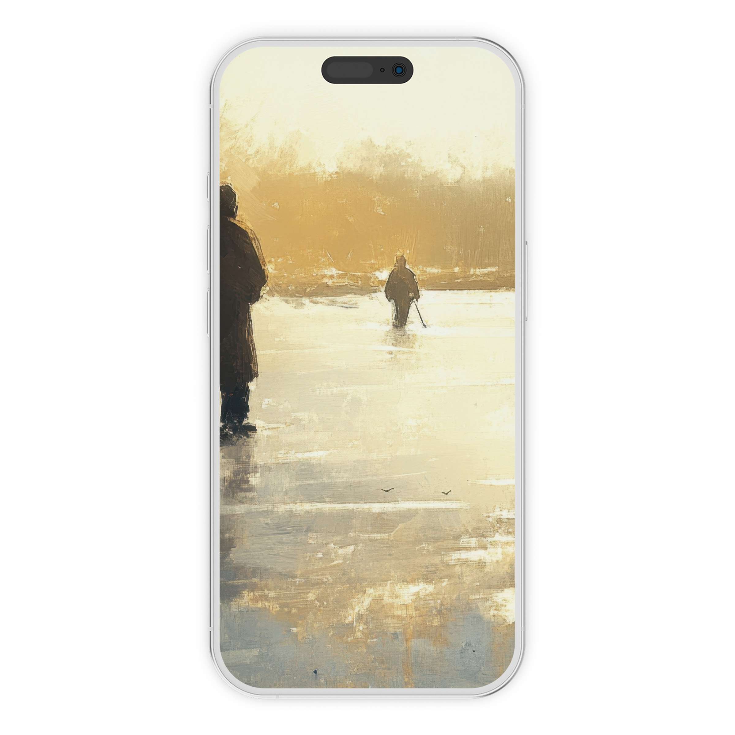 Winter iPhone wallpaper featuring serene figures on a snowy landscape at sunset, perfect digital download for phone background use