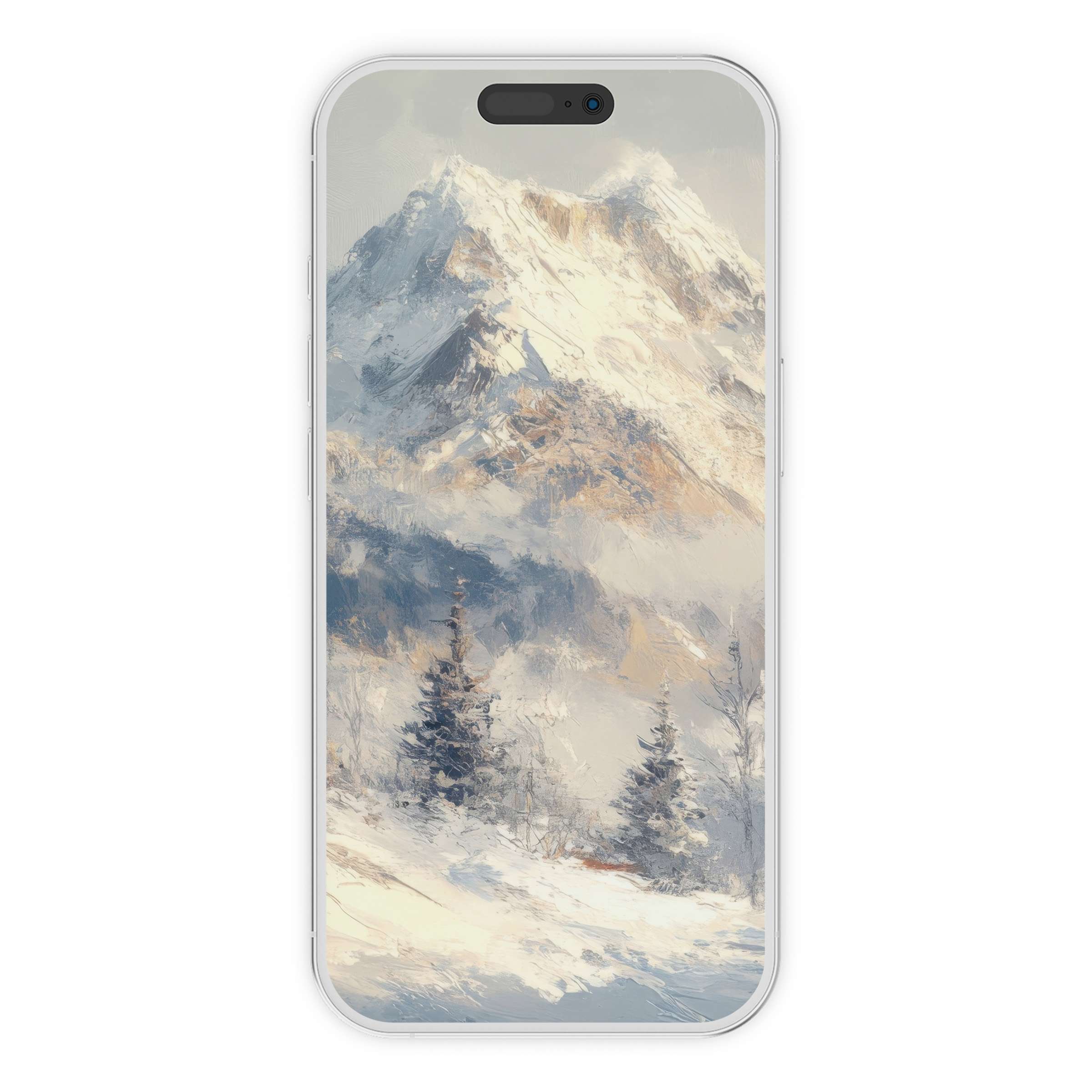 Winter iPhone wallpaper featuring serene snowy mountains and trees in soft pastels designed as a digital download for phone background