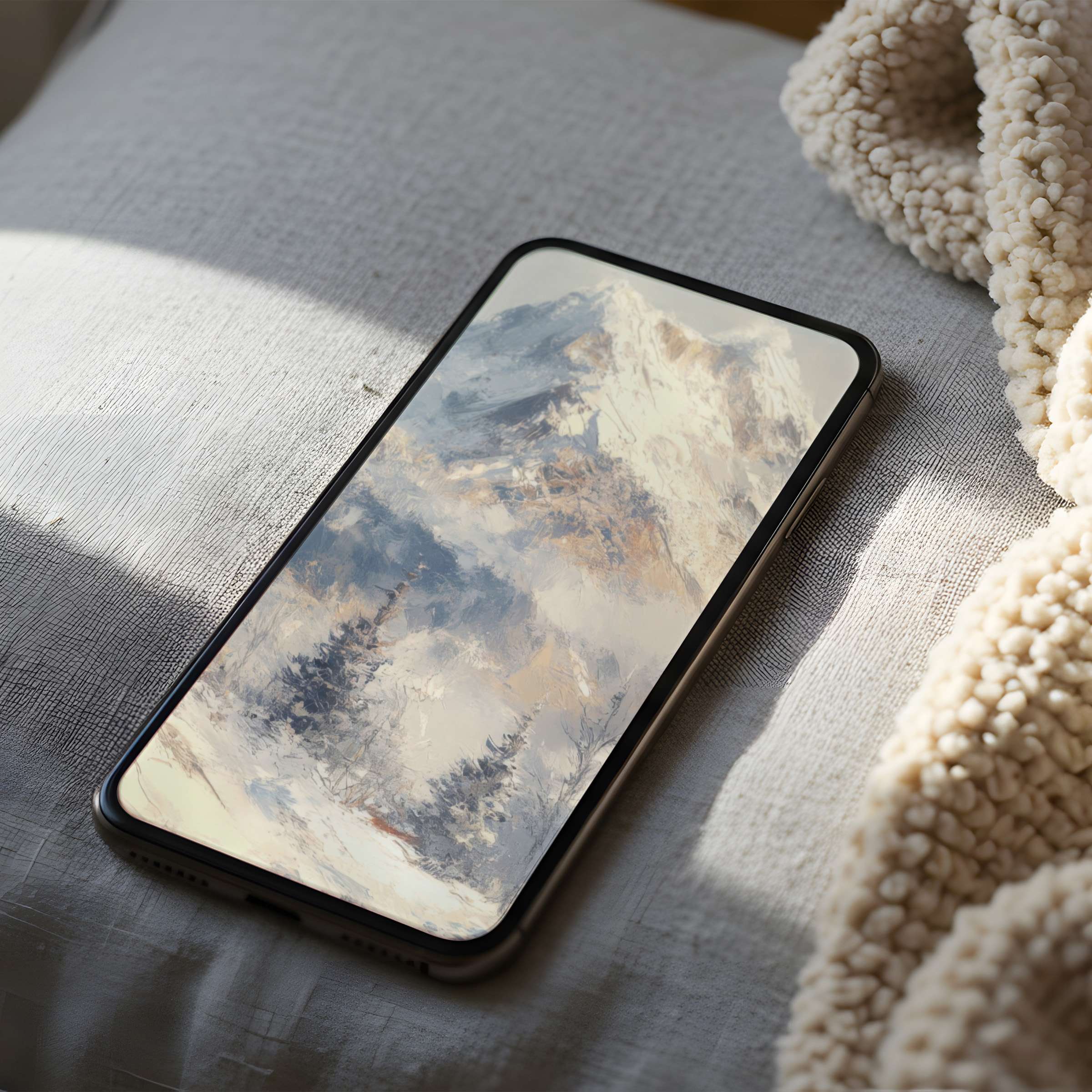 Phone wallpaper featuring a serene mountain landscape in soft pastels, ideal for iPhone and Android, adds elegance and calm