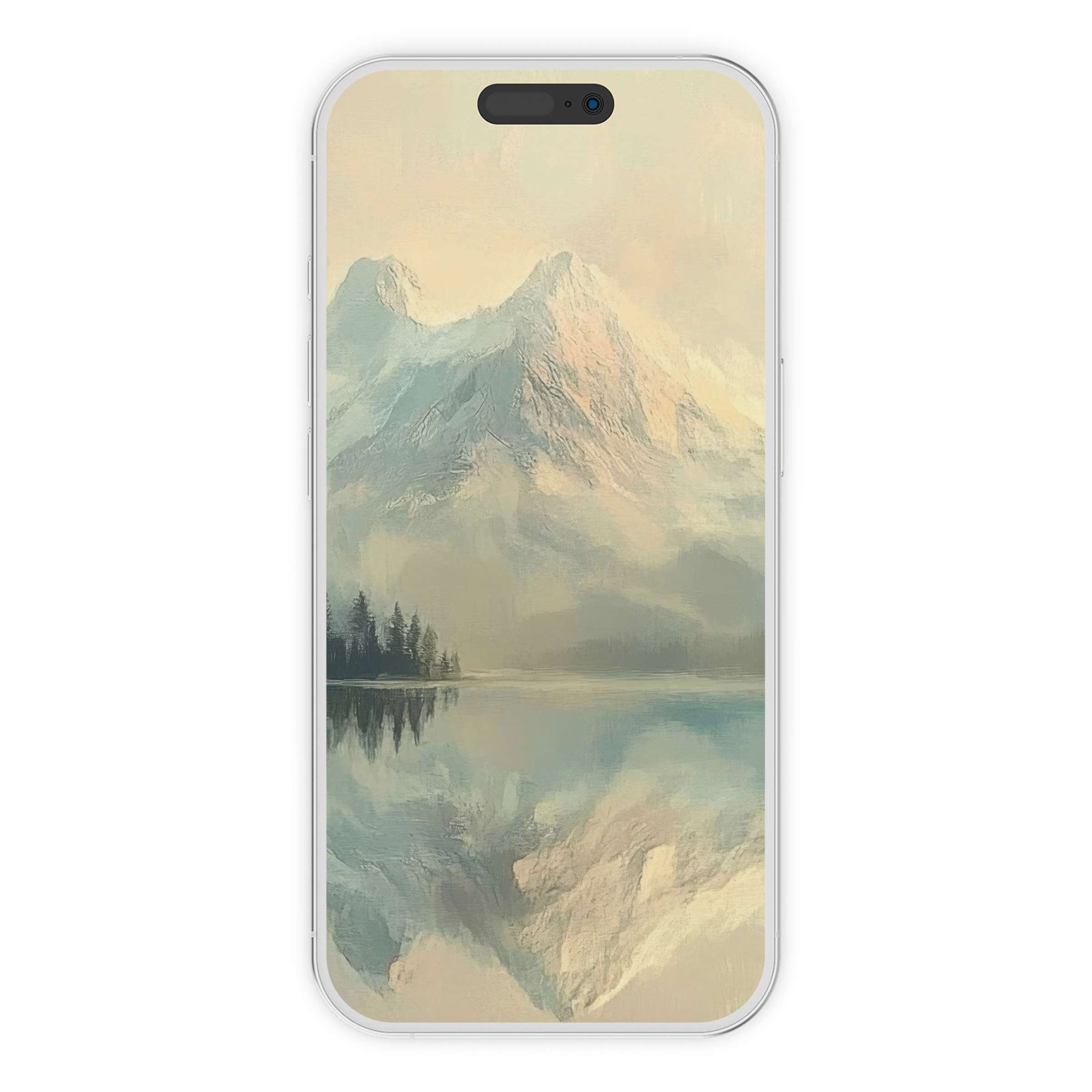 Elegant winter iPhone wallpaper showcasing serene mountains reflected in calm water offers a sustainable digital download background for phones