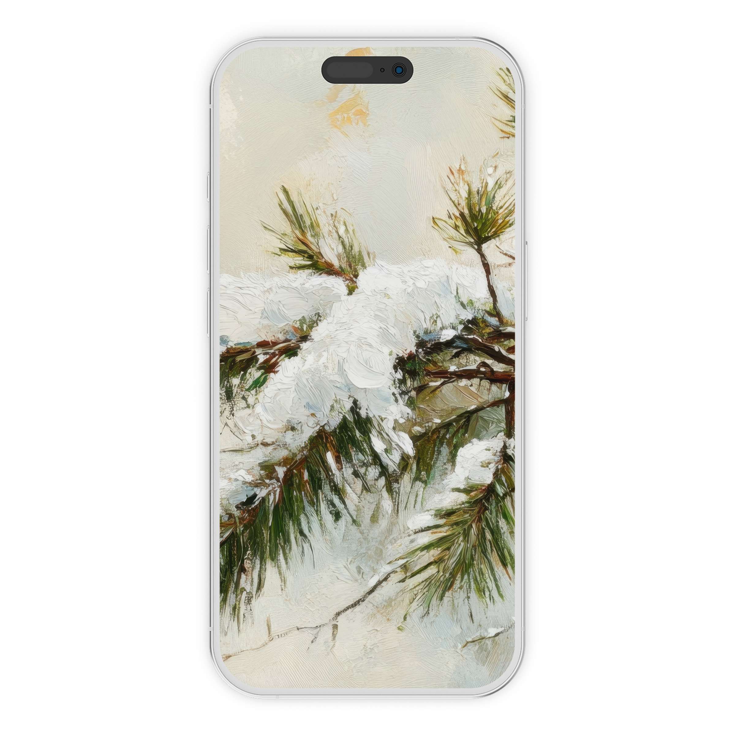 Elegant winter iPhone wallpaper in soft pastels with snow-covered branches offers a serene digital download phone background for all devices