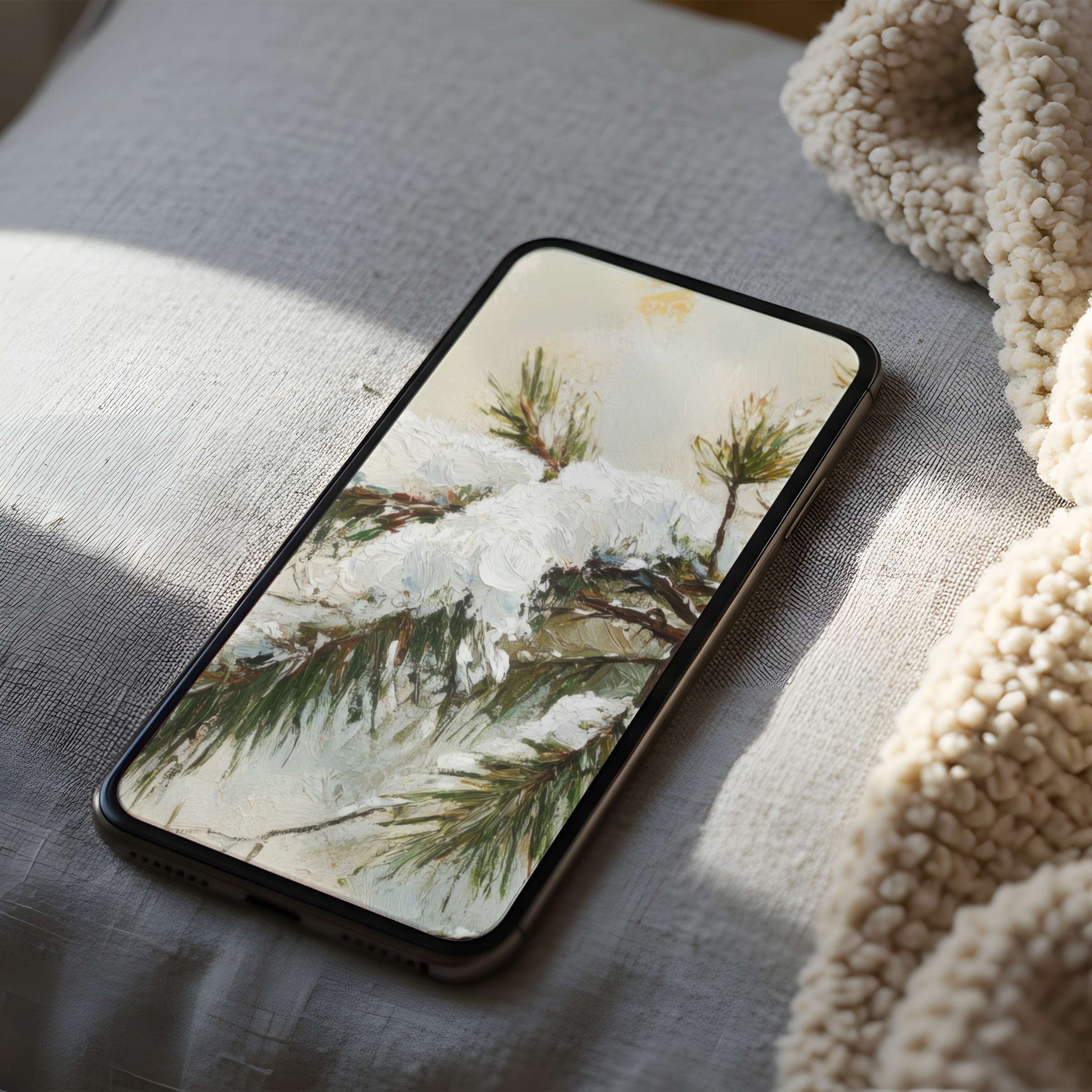 Snow-covered pine branches phone wallpaper offers an inspiring digital art download for iPhone and Android in high resolution