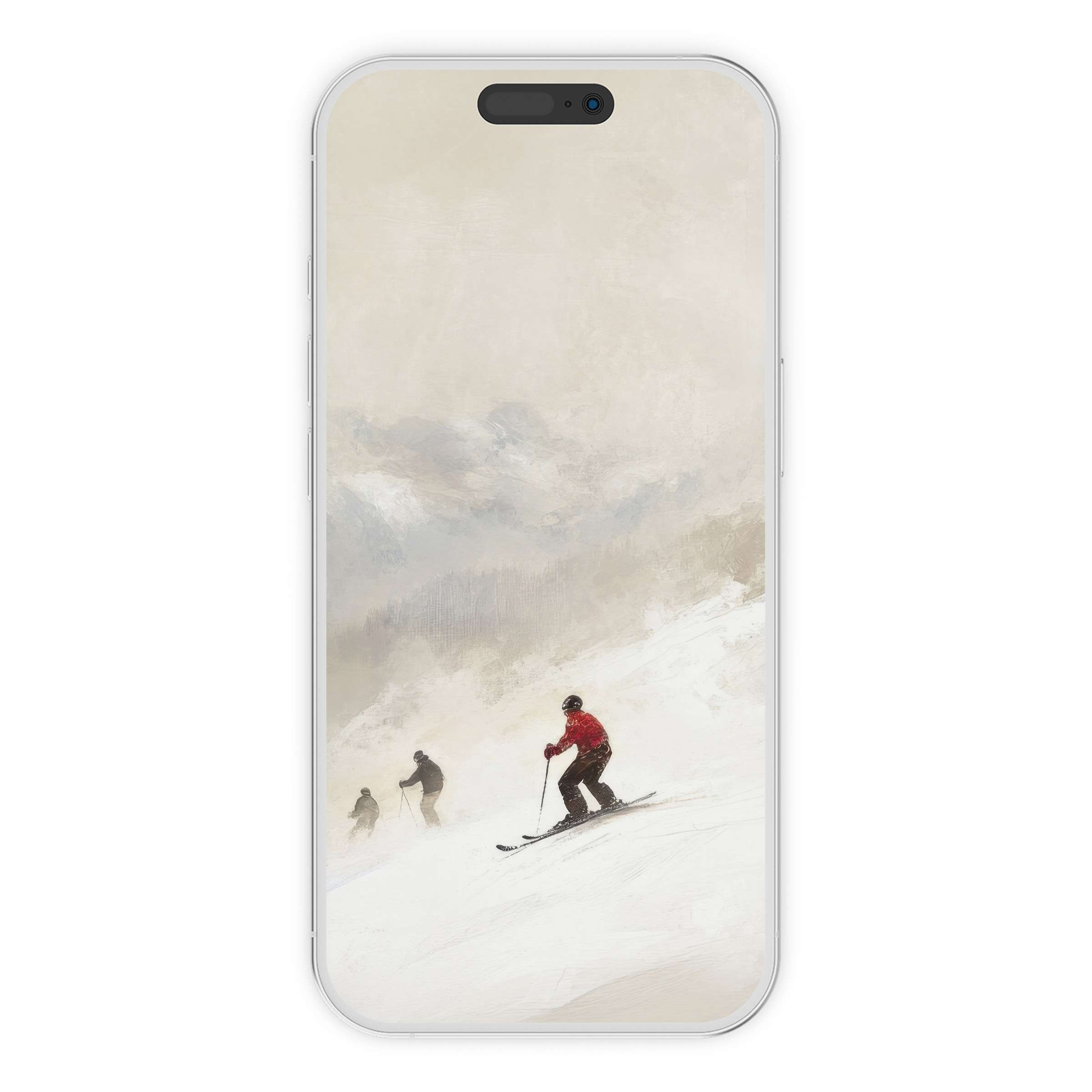 Elegant winter iPhone wallpaper showcasing skiers on a snowy slope, offering a calming beige phone background digital download
