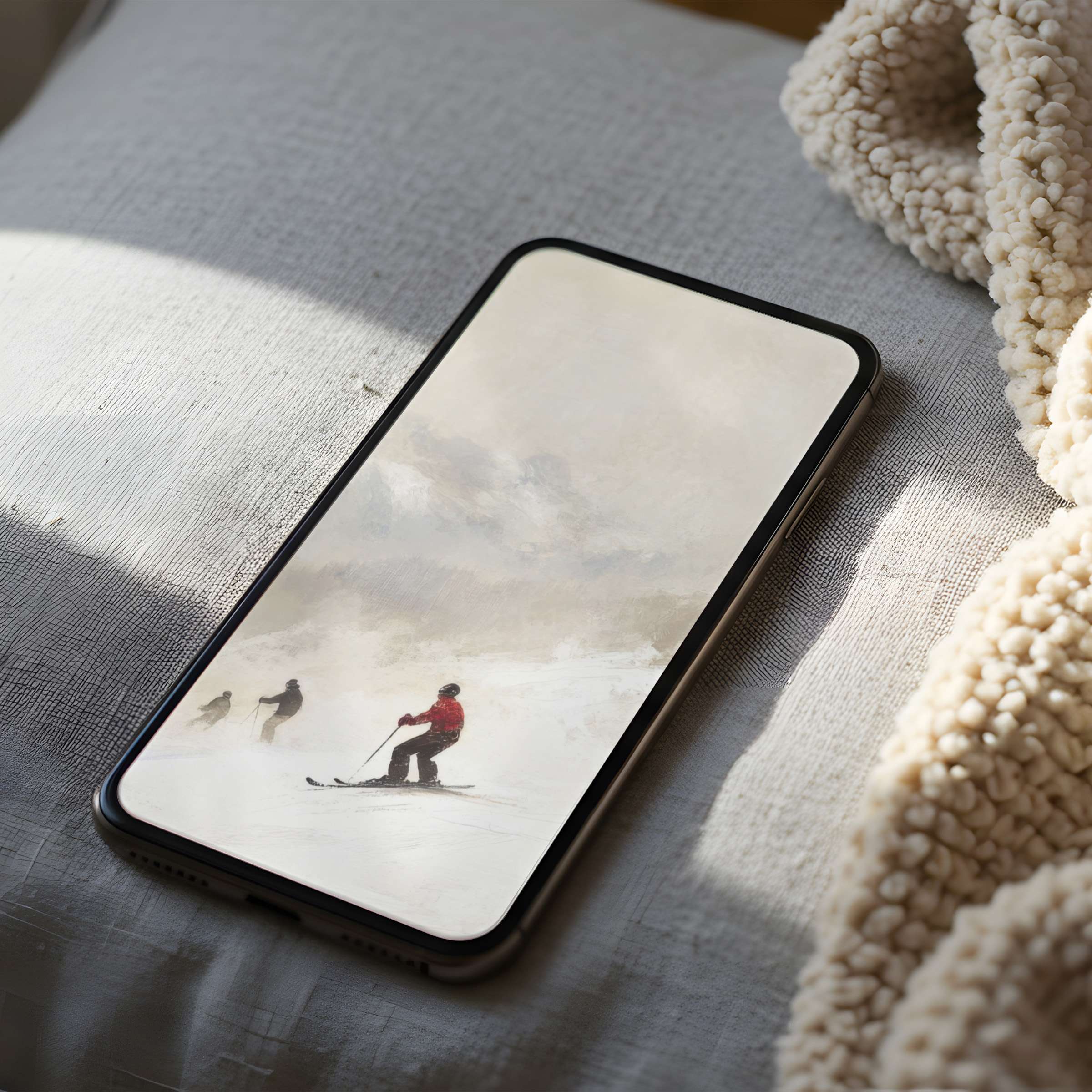Cozy ski scene phone wallpaper in high resolution on a fabric background inspires tranquility for iPhone and android digital download