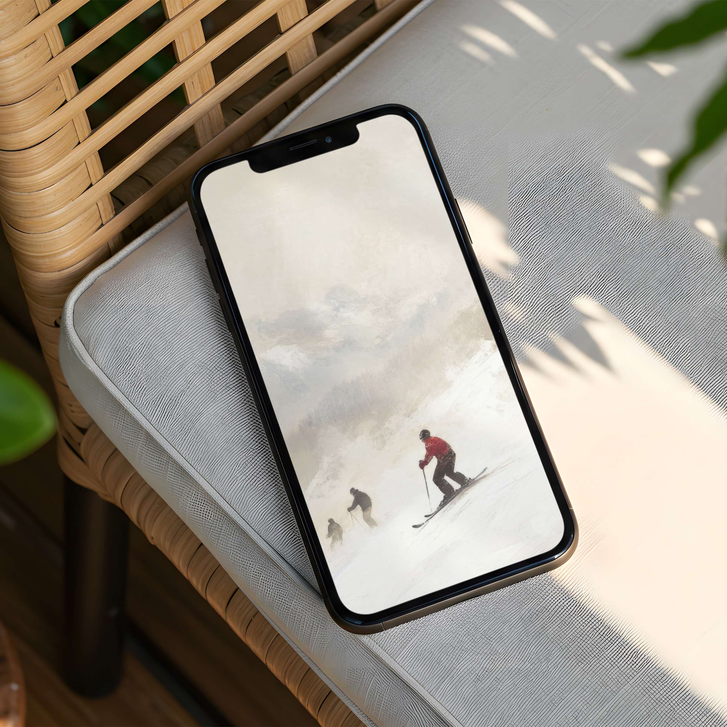 Serene snowy landscape with skiers offers a tranquil iPhone background for instant download, perfect for aesthetic phone decor