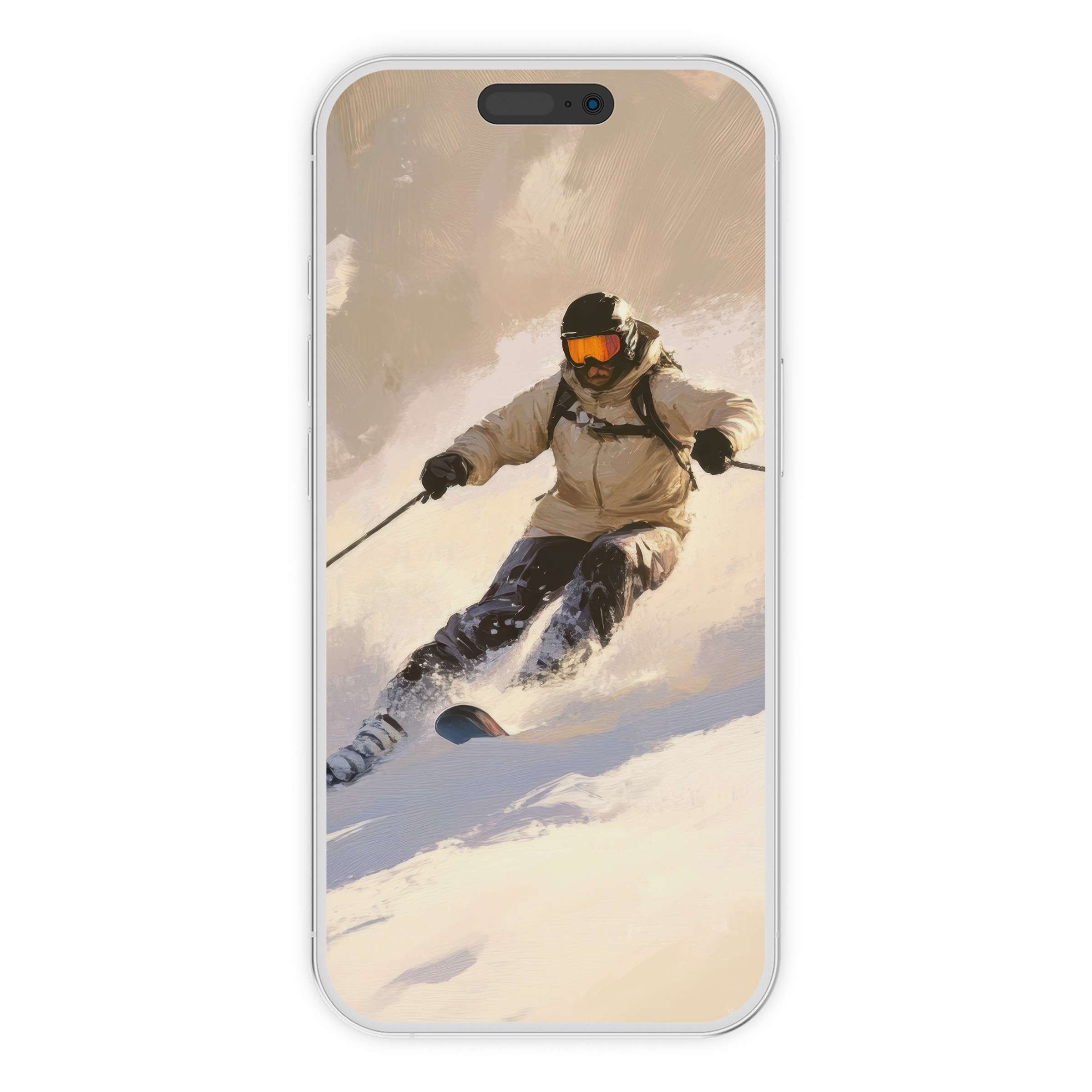 Adventurous winter iPhone wallpaper featuring a skier in action on snowy slopes offers a dynamic digital download for phone backgrounds
