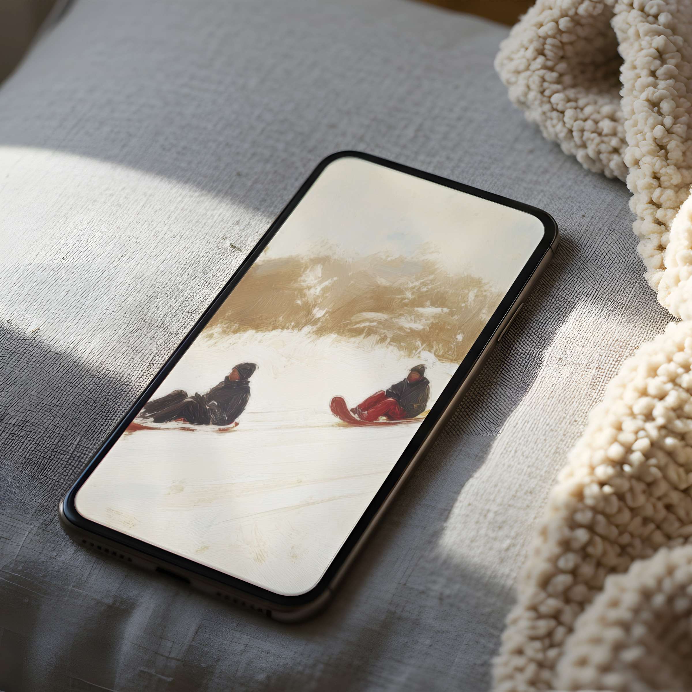 High-resolution phone wallpaper featuring serene winter landscape art with two sledders, perfect for iPhone digital download ambiance