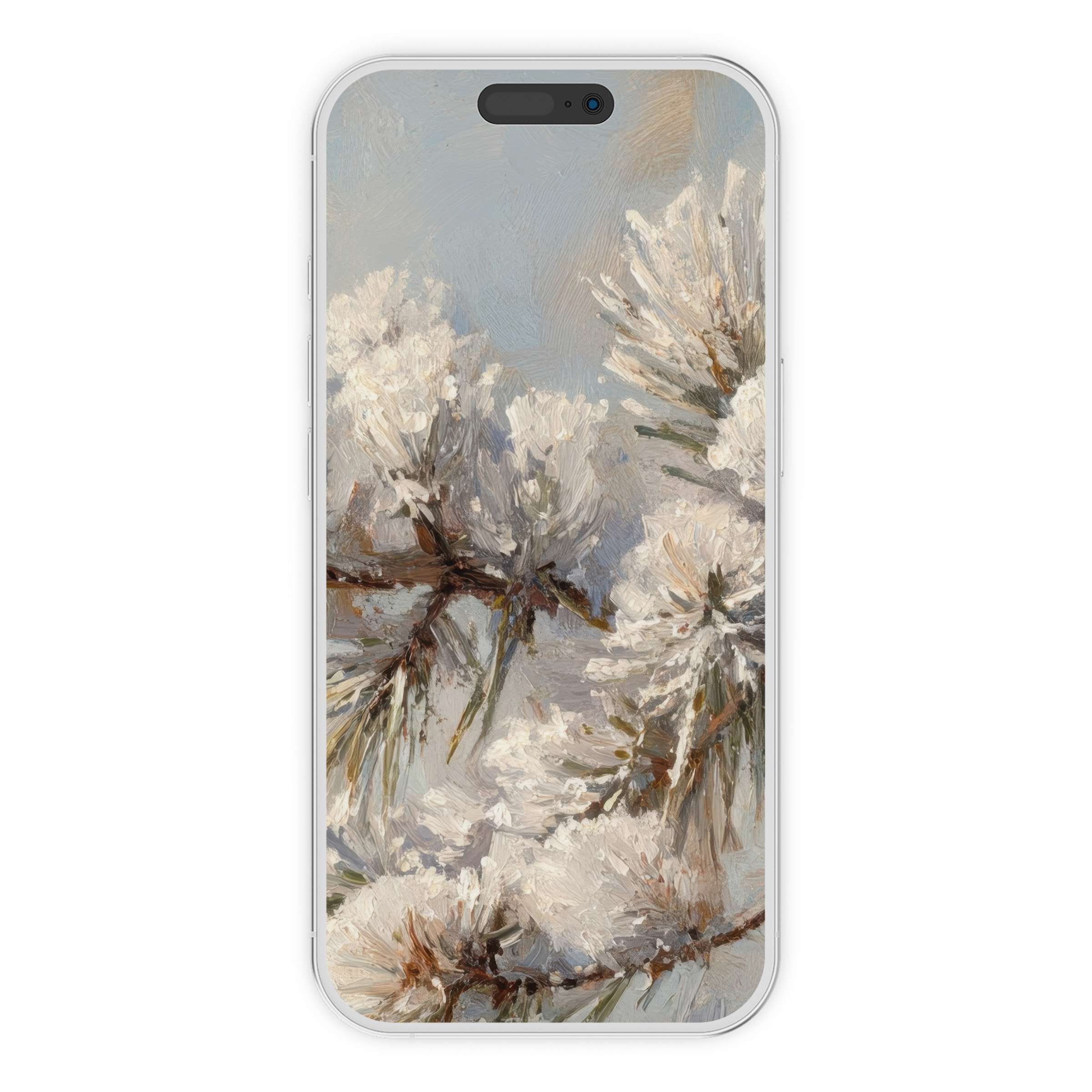 Digital download winter iPhone wallpaper featuring elegant brushstrokes of frosty pine branches offering a serene phone background