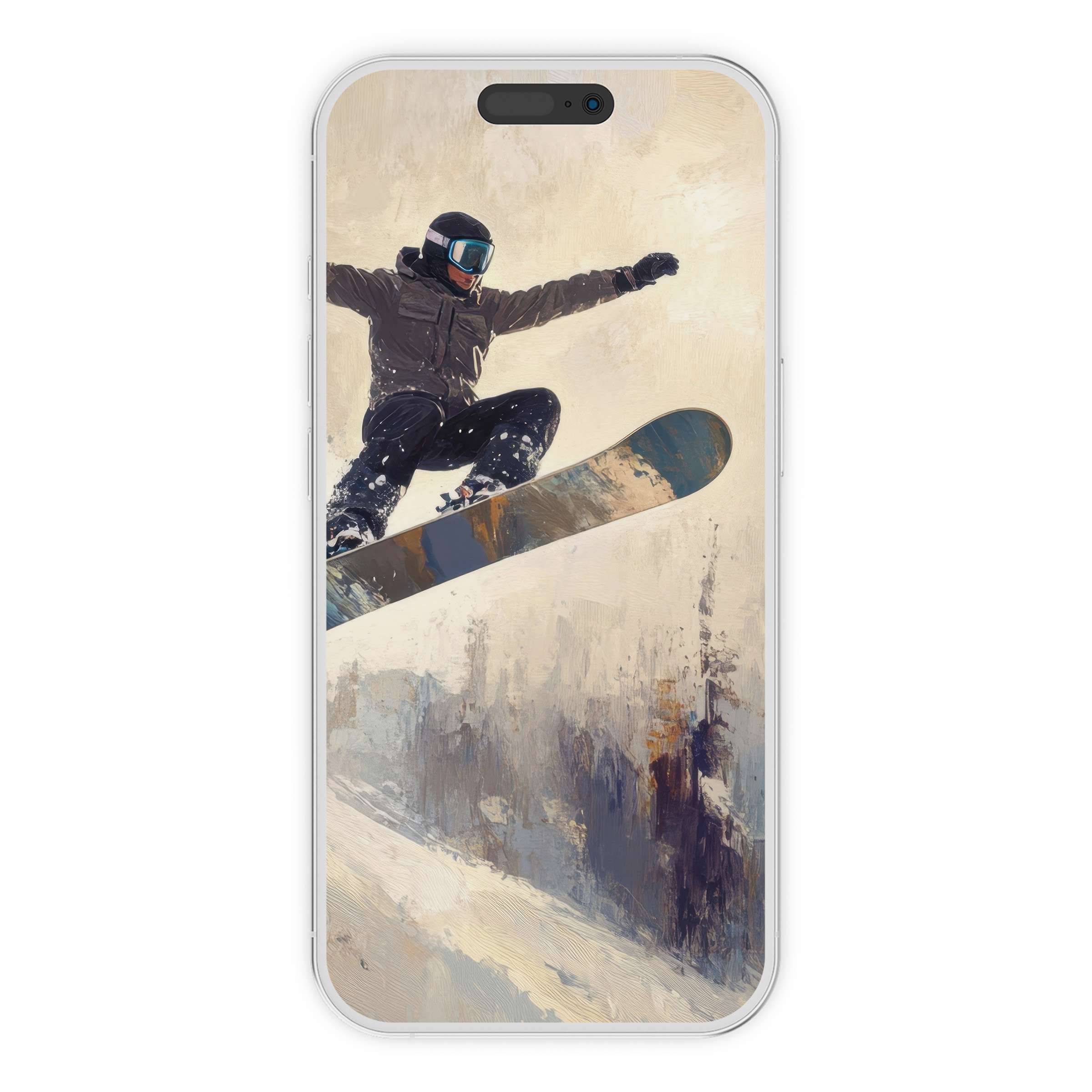 Winter iPhone wallpaper featuring a snowboarder in motion against an abstract snowy landscape phone background digital download art