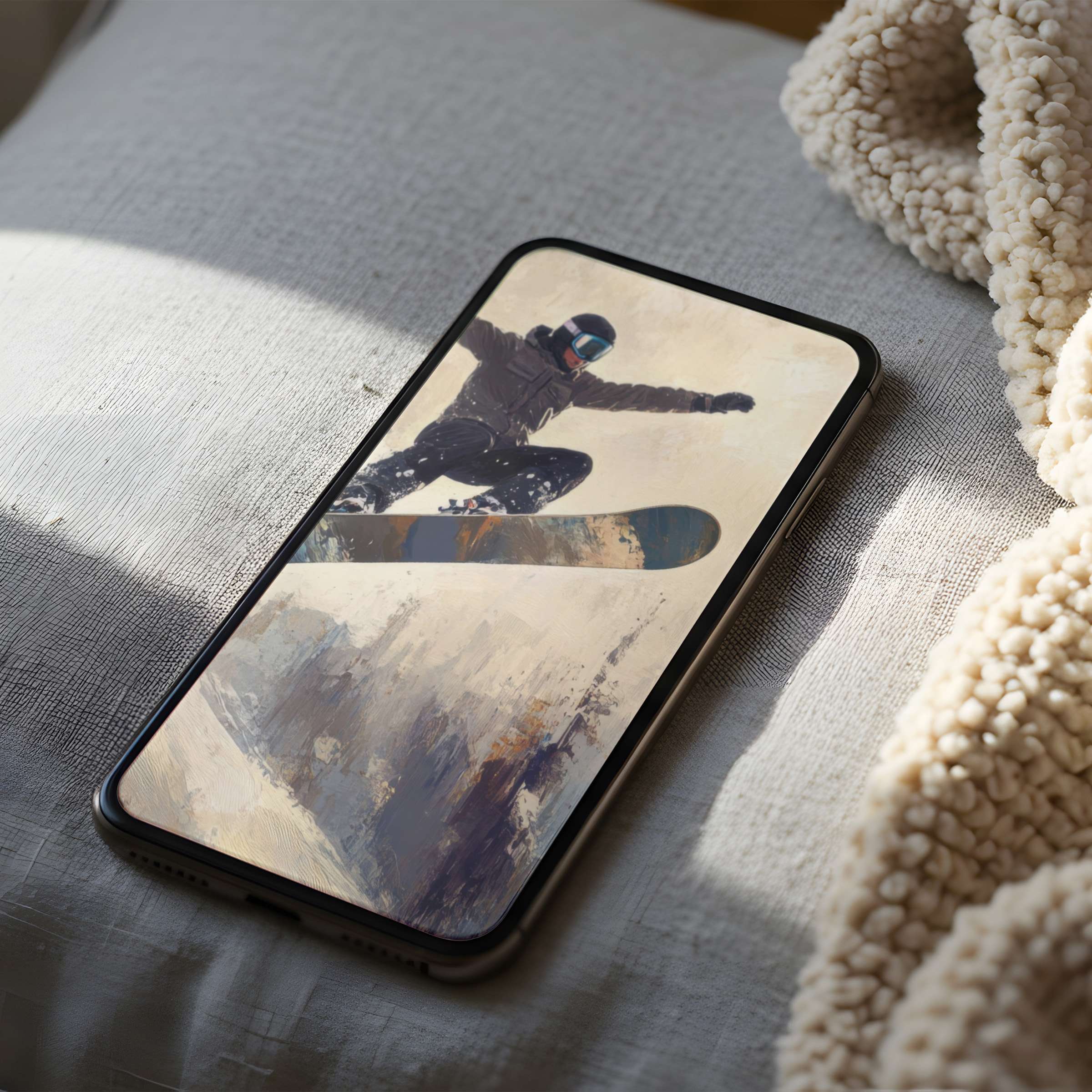 Dynamic snowboarding phone wallpaper in high resolution, blending soft earth tones on a cozy textile, perfect for iPhone and android download