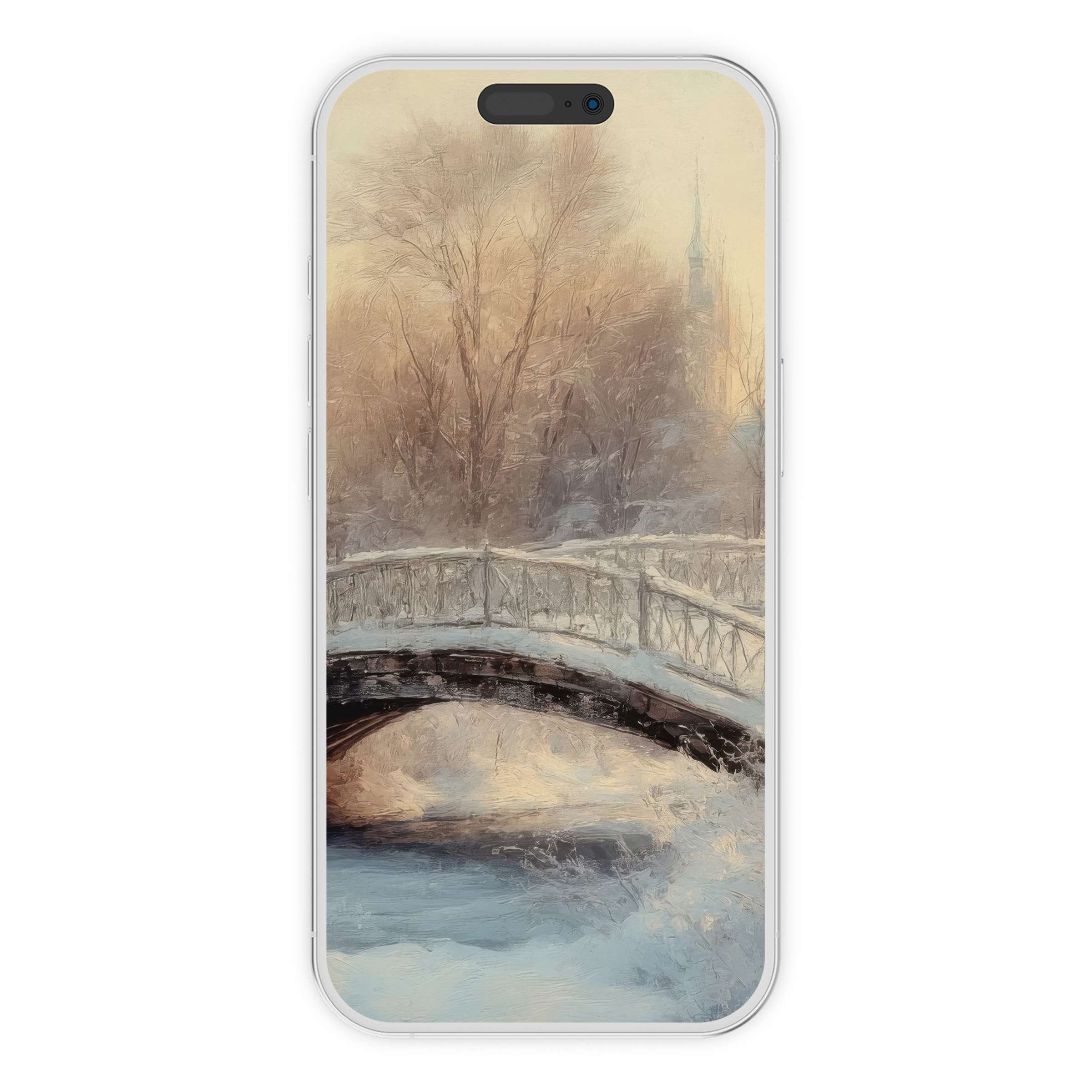 Elegant winter iPhone wallpaper featuring a serene snowy bridge scene in soft pastels, ideal phone background for digital download