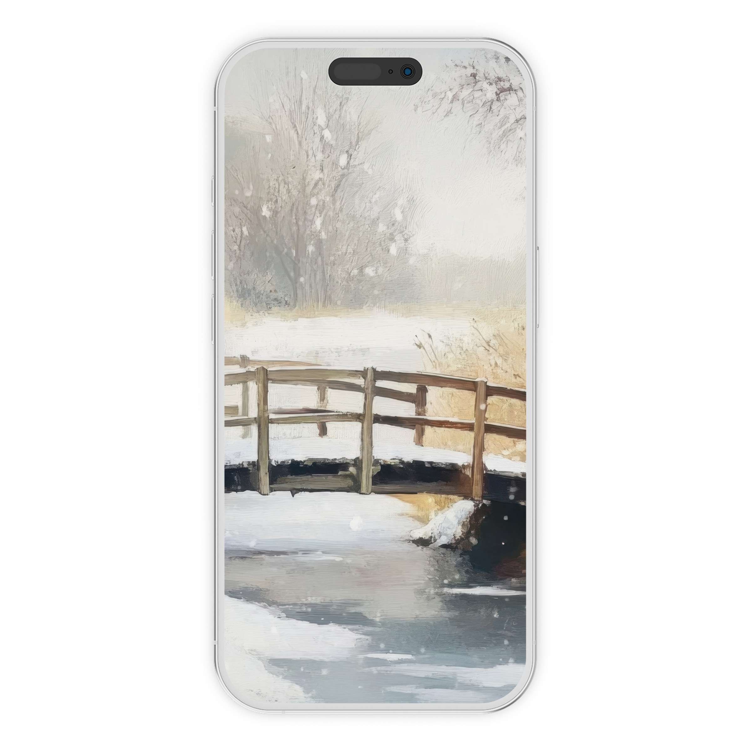 Serene winter iPhone wallpaper with a rustic wooden bridge over a snowy stream perfect background for phone digital download