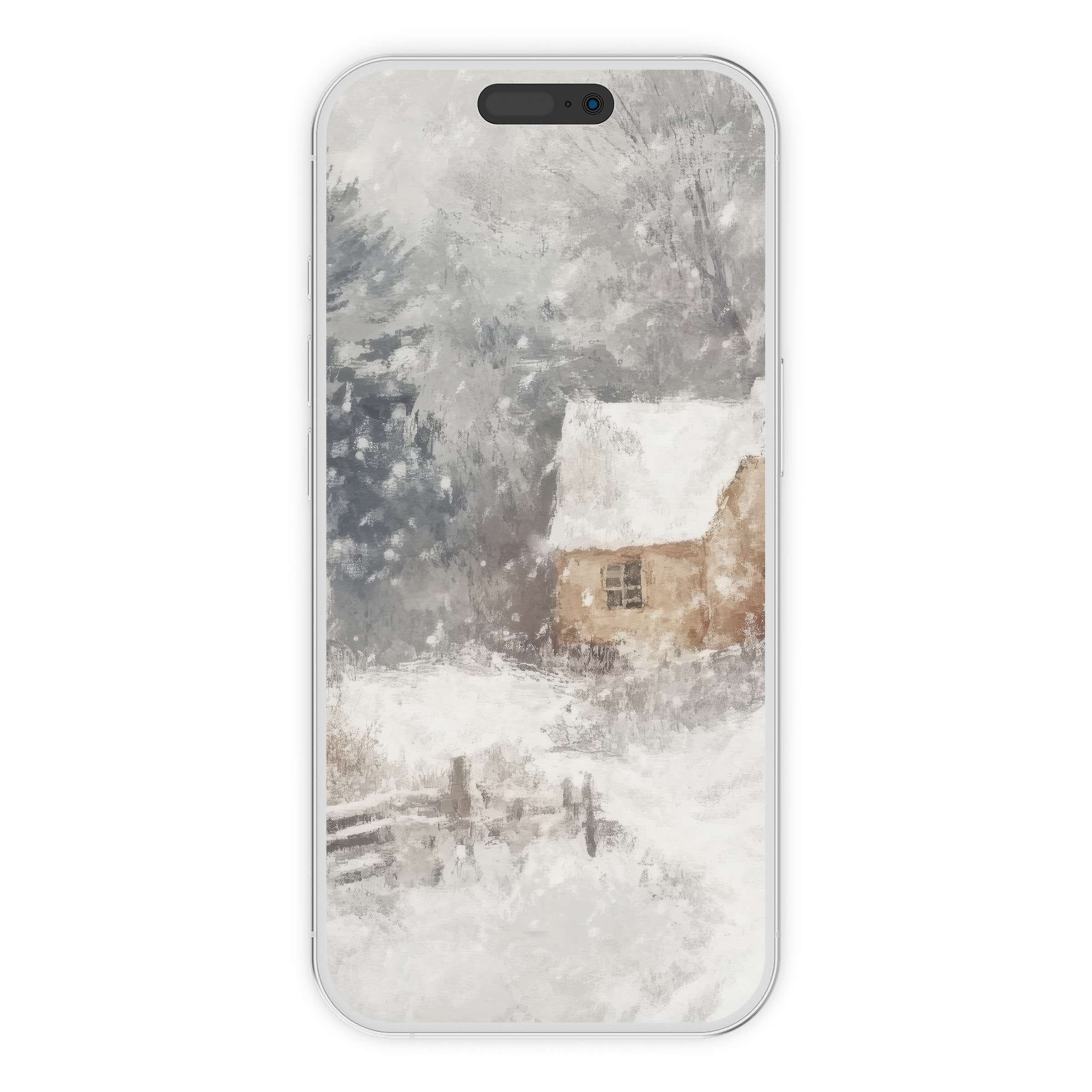 Winter iPhone wallpaper digital download offers an elegant snowy cottage scene for phone background in soft, serene watercolor style