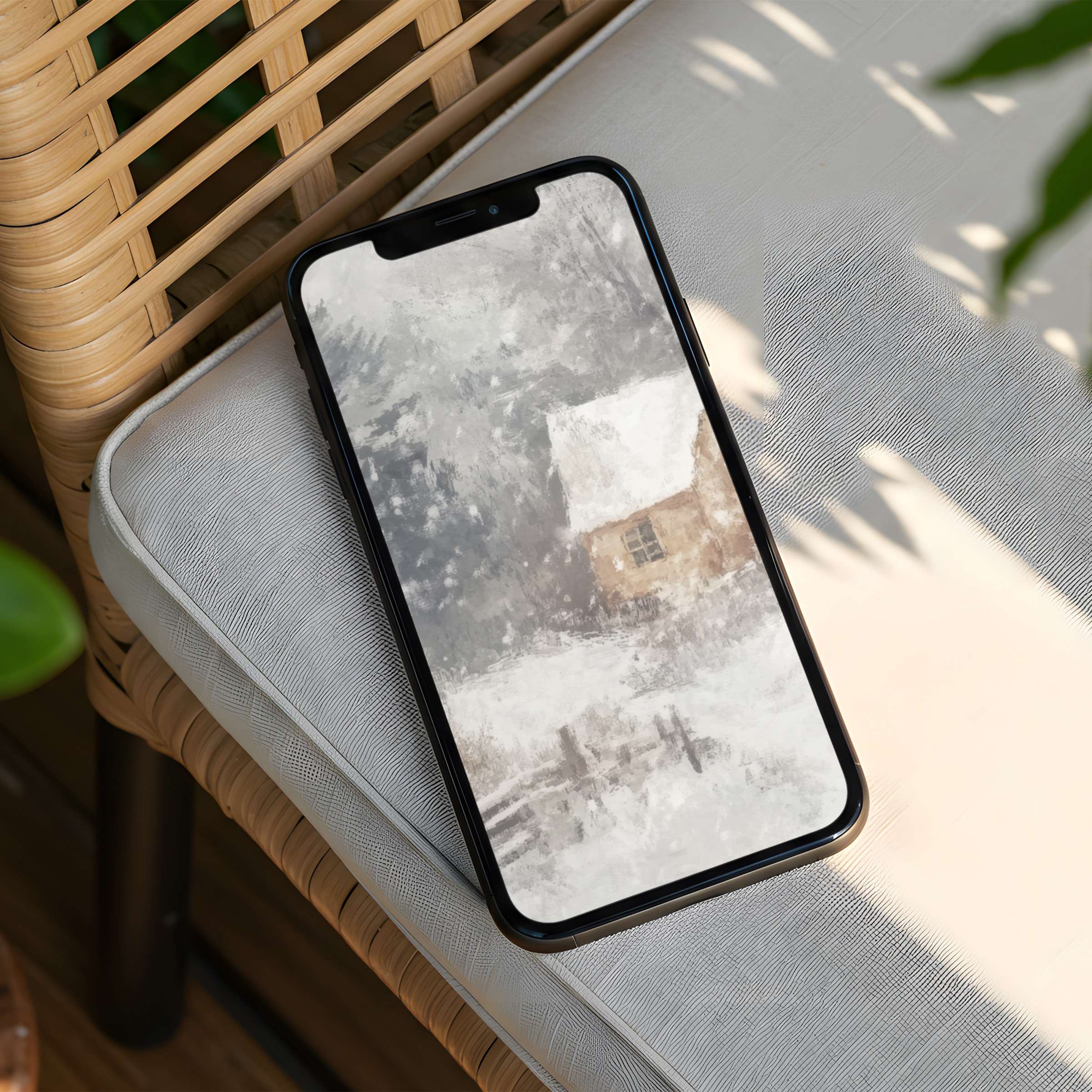 Cozy winter cabin art for iPhone background offers instant download phone elegance evoking calm and mindful inspiration