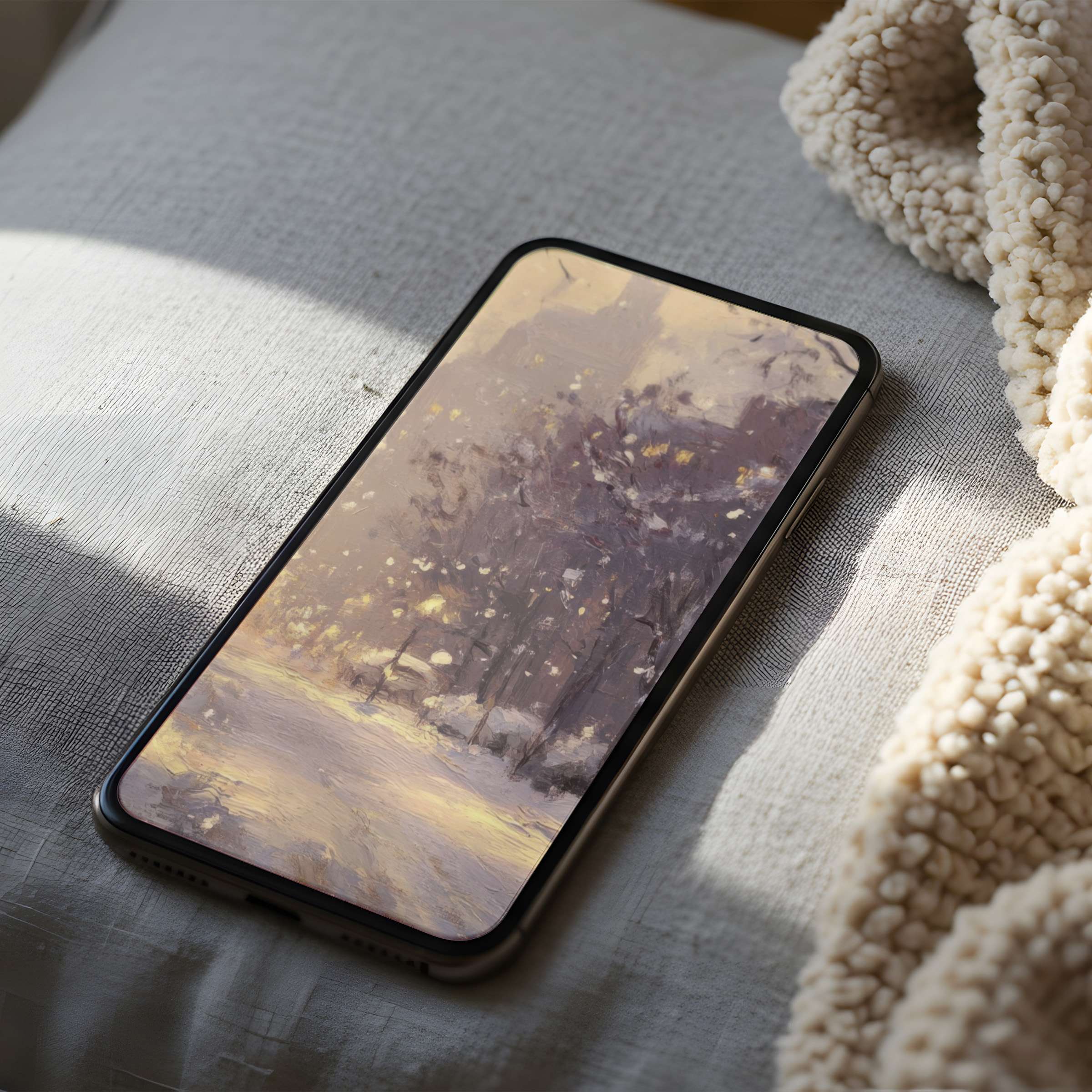 Cozy phone wallpaper featuring a serene winter scene in high resolution, ideal for iPhone and Android, enhancing peaceful moments