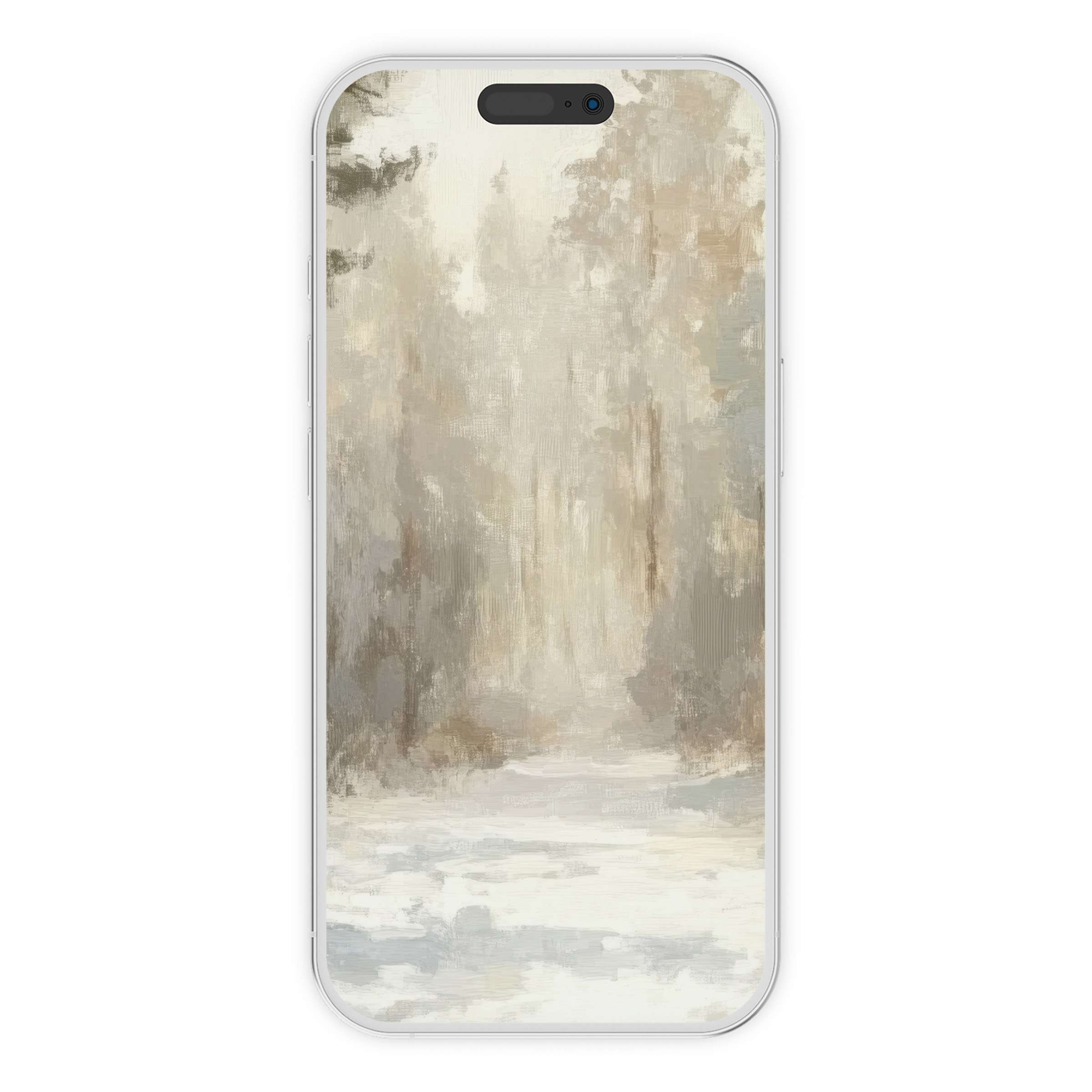Elegant winter iPhone wallpaper digital download with soft brushstrokes of snowy forest, perfect phone background for a calming aesthetic