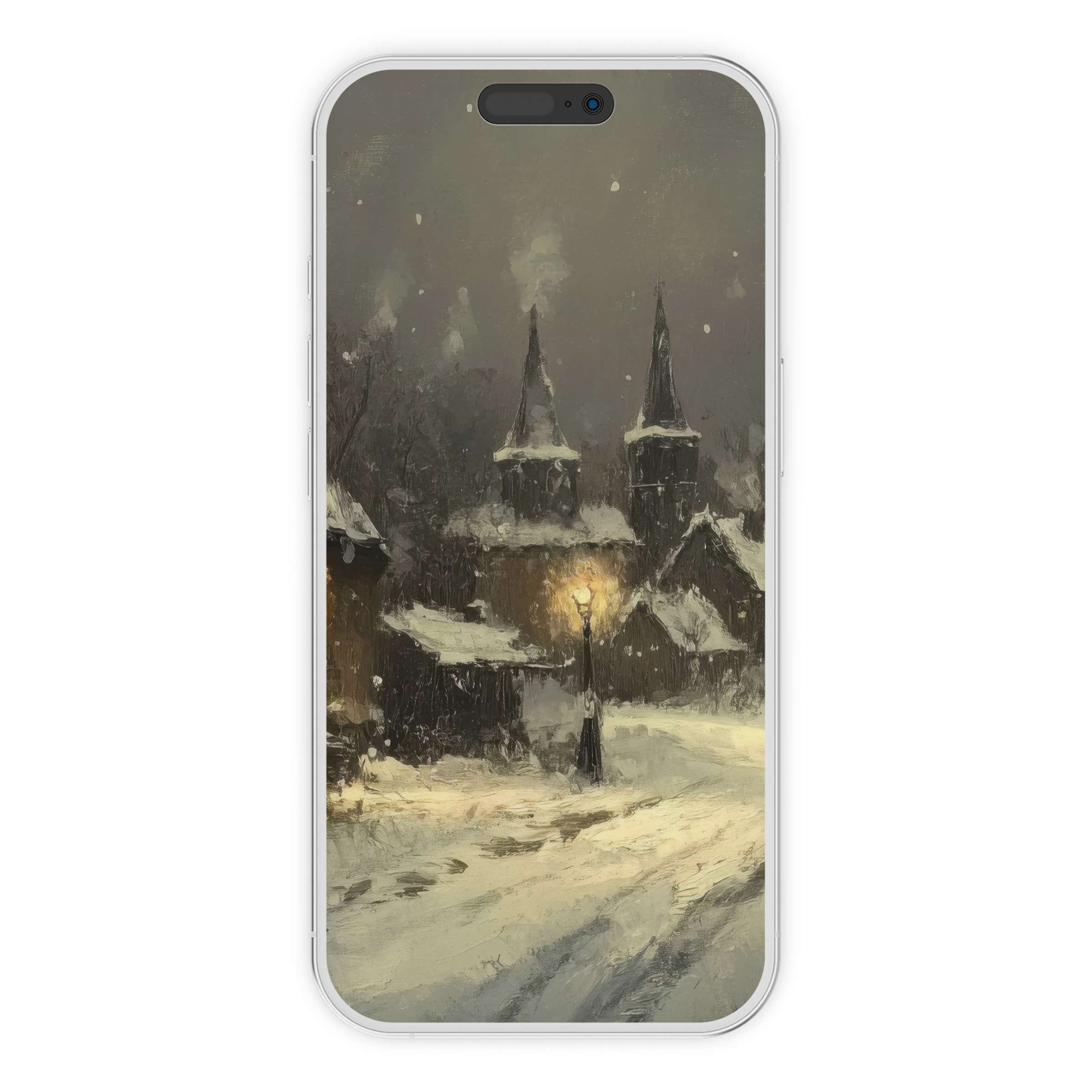 Winter iPhone wallpaper featuring a serene snowy street scene suitable for iPhone and Android phone background digital download