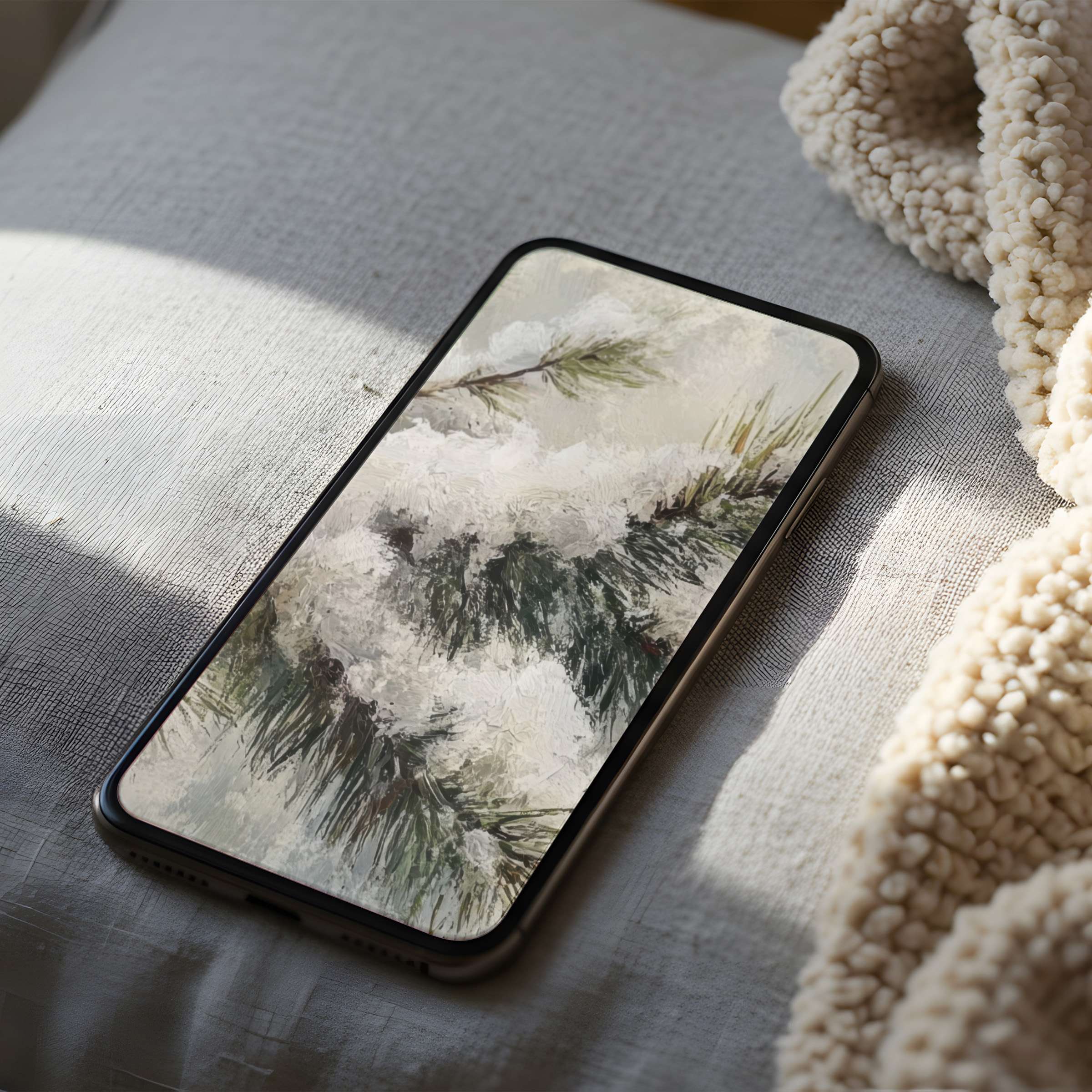 Elegant phone wallpaper with serene snow-covered pine motif, perfect high-resolution digital art for iPhone or Android download
