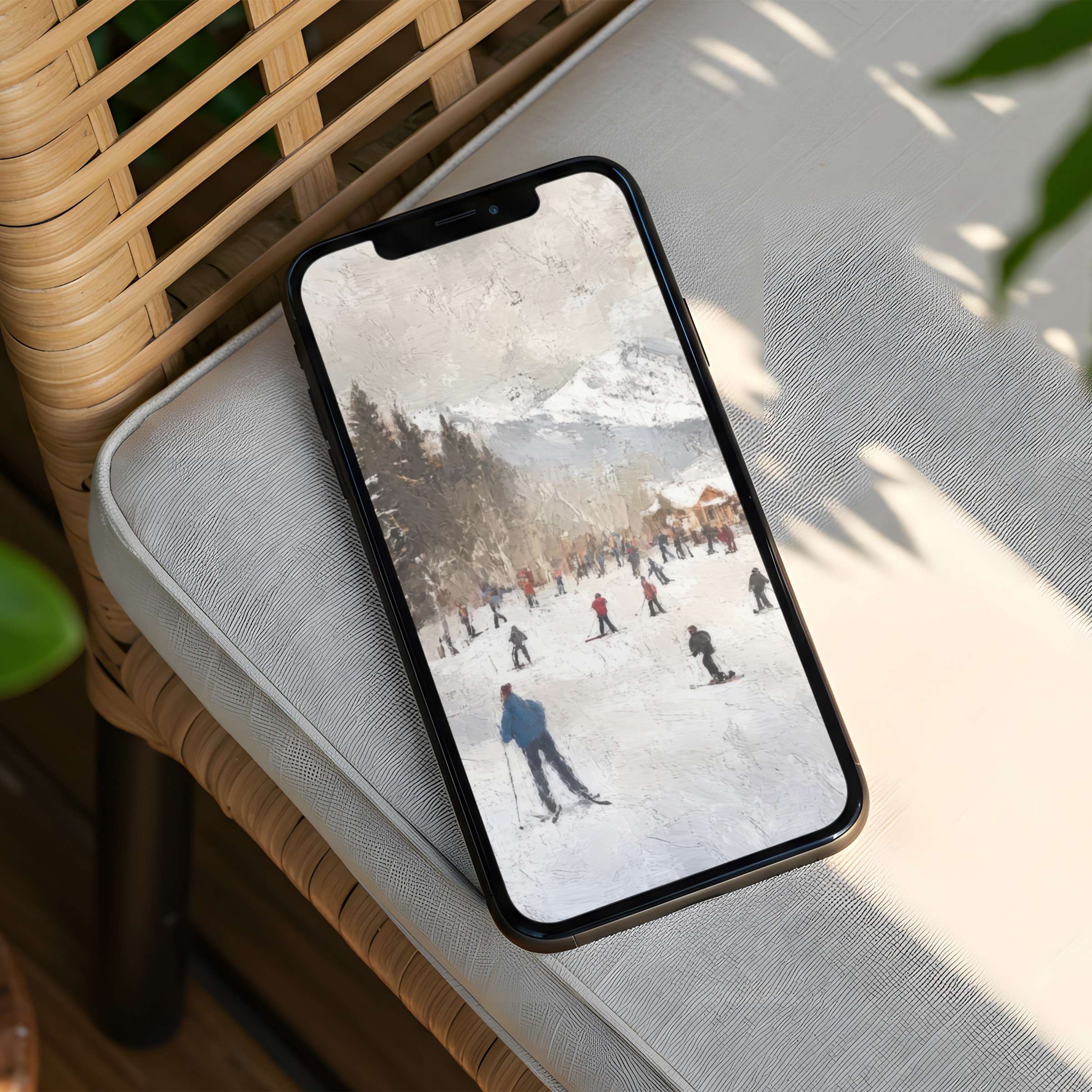 iPhone background featuring a serene winter landscape painting with skiers offers instant download for phone users seeking elegance and calm