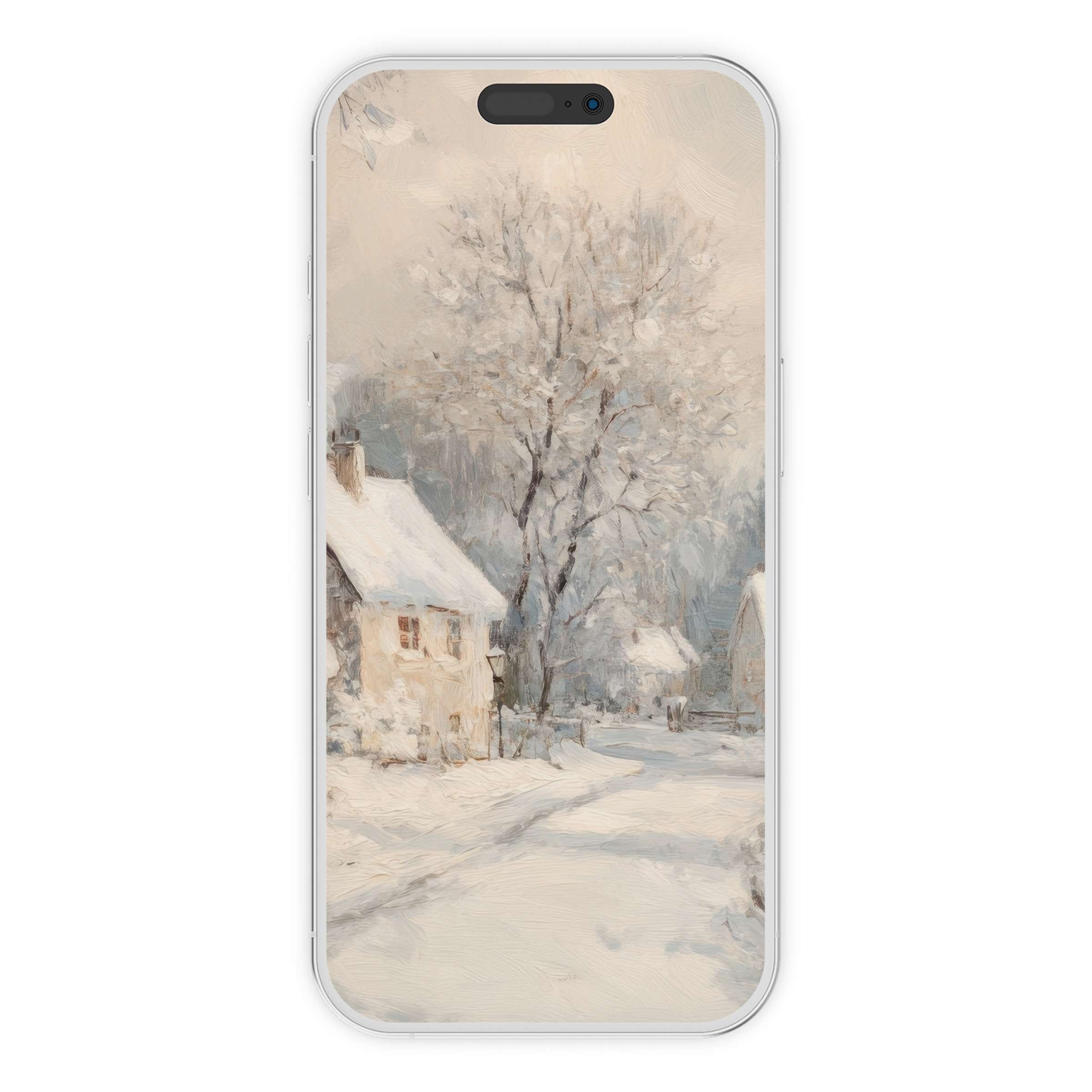 Winter iPhone wallpaper: serene snow-covered village, soft pastel hues for a calming phone background, perfect digital download for all devices