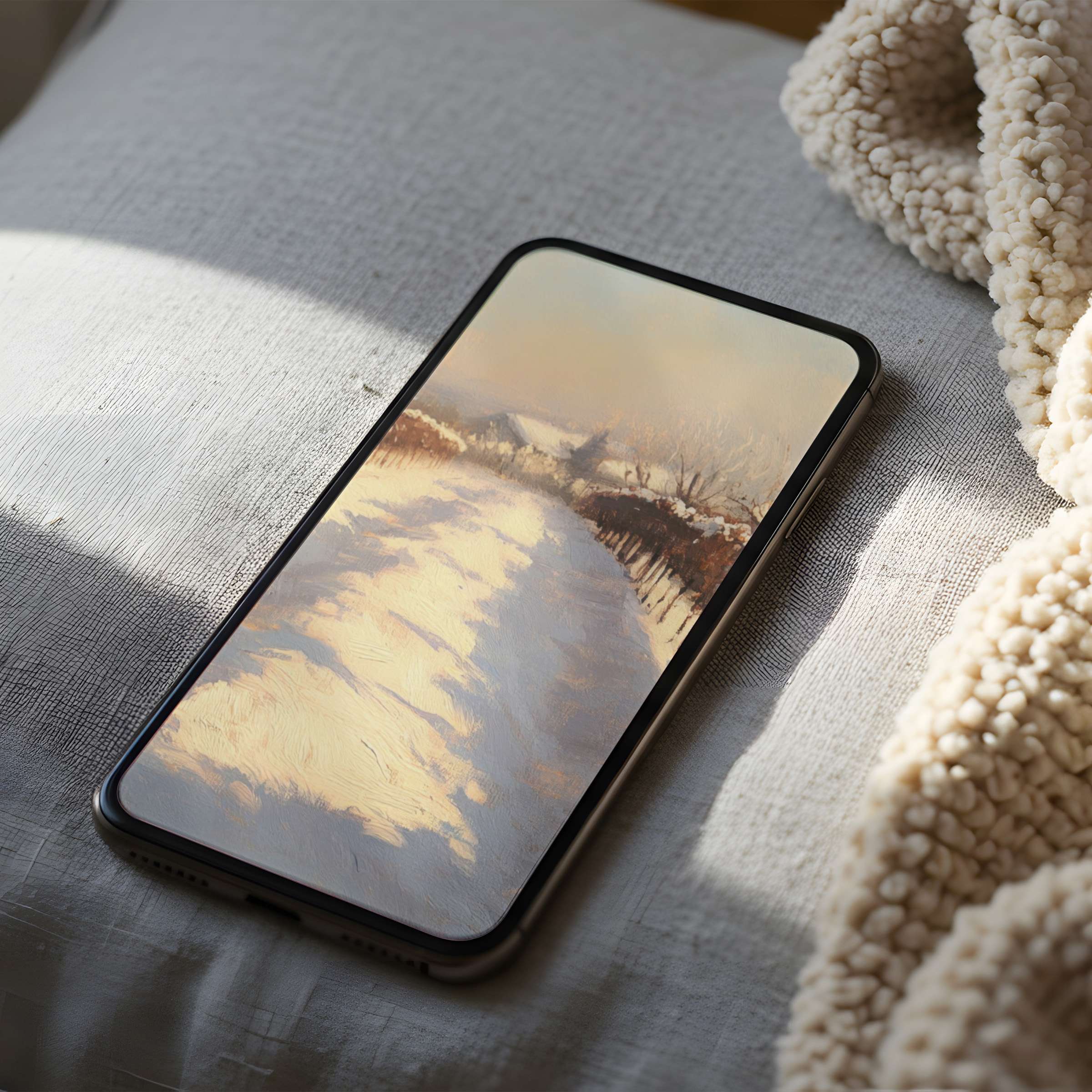 Elegant phone wallpaper featuring a serene winter landscape, perfect for high-resolution digital downloads on iPhone and Android phones